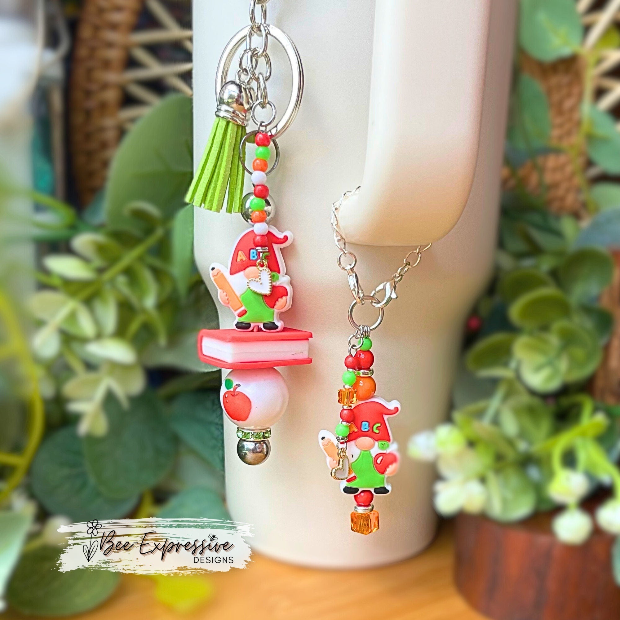 Beaded Teacher Gnome Keychain or Tumbler Charm with Heart