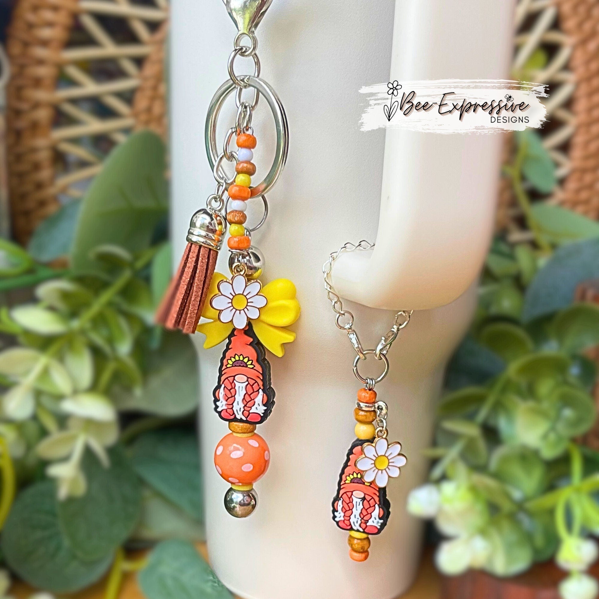 Girl Gnome Keychain & Tumbler Charm Set: Beaded Tassel, Daisy Charm