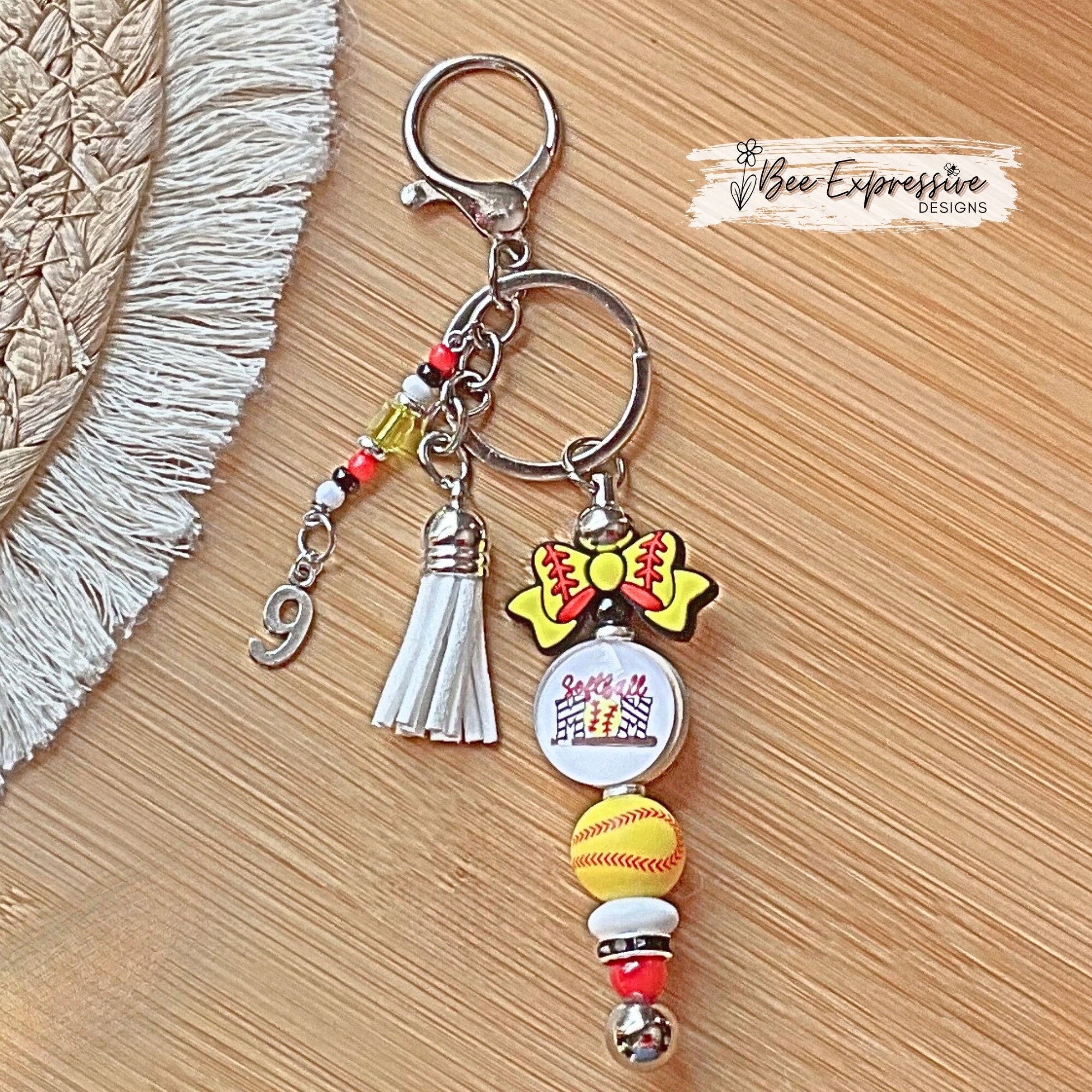 Handmade Softball Mom Keychain: Beaded Tassel, Jersey Number Charm