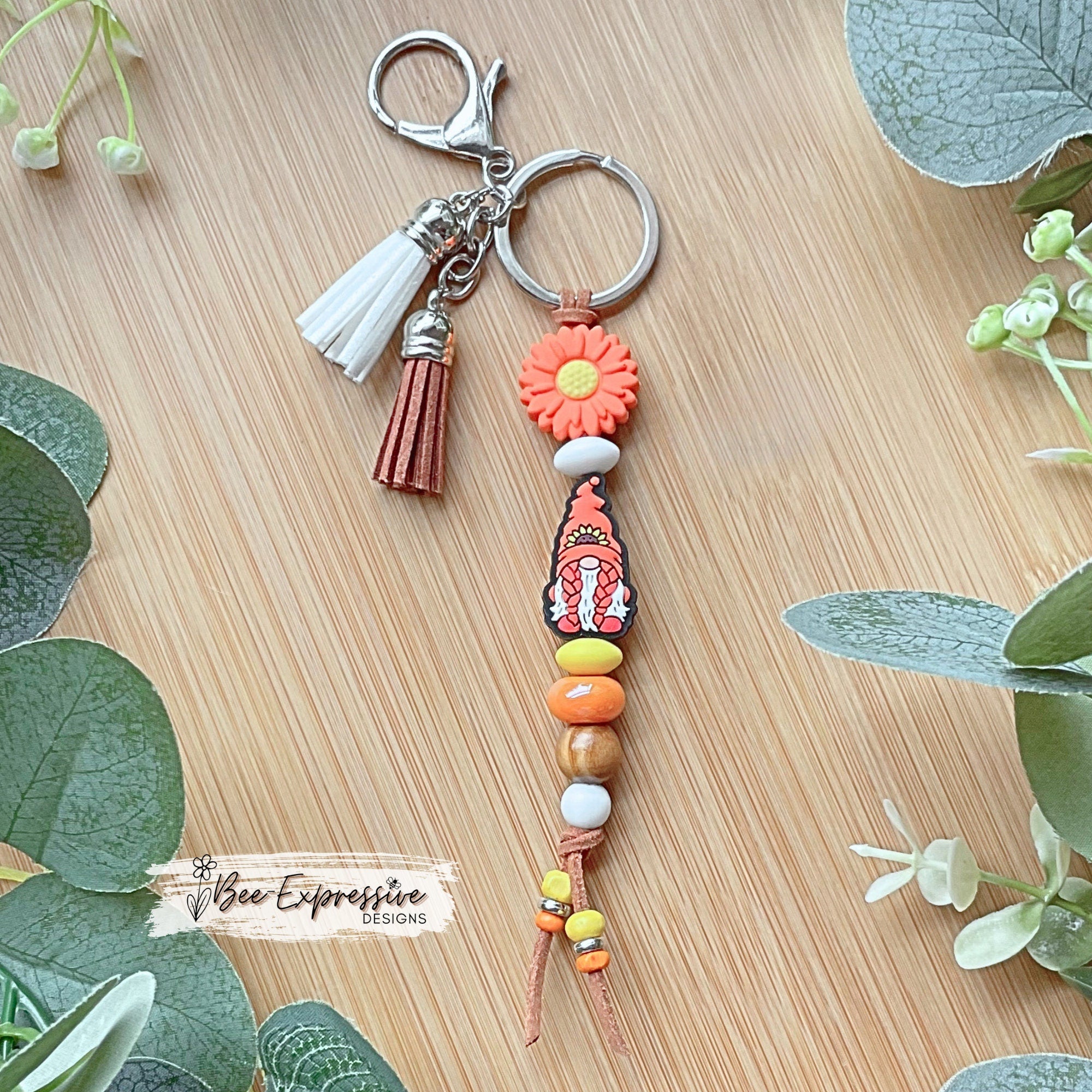 Handmade Sunflower Gnome Keychain: Silicone Beads, Suede Cord