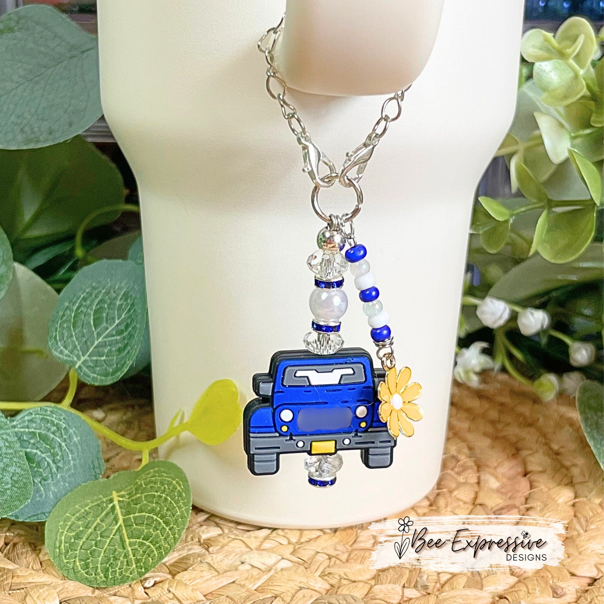 Handmade Blue 4x4 Vehicle Tumbler Charm, Acrylic Beads & Rhinestones