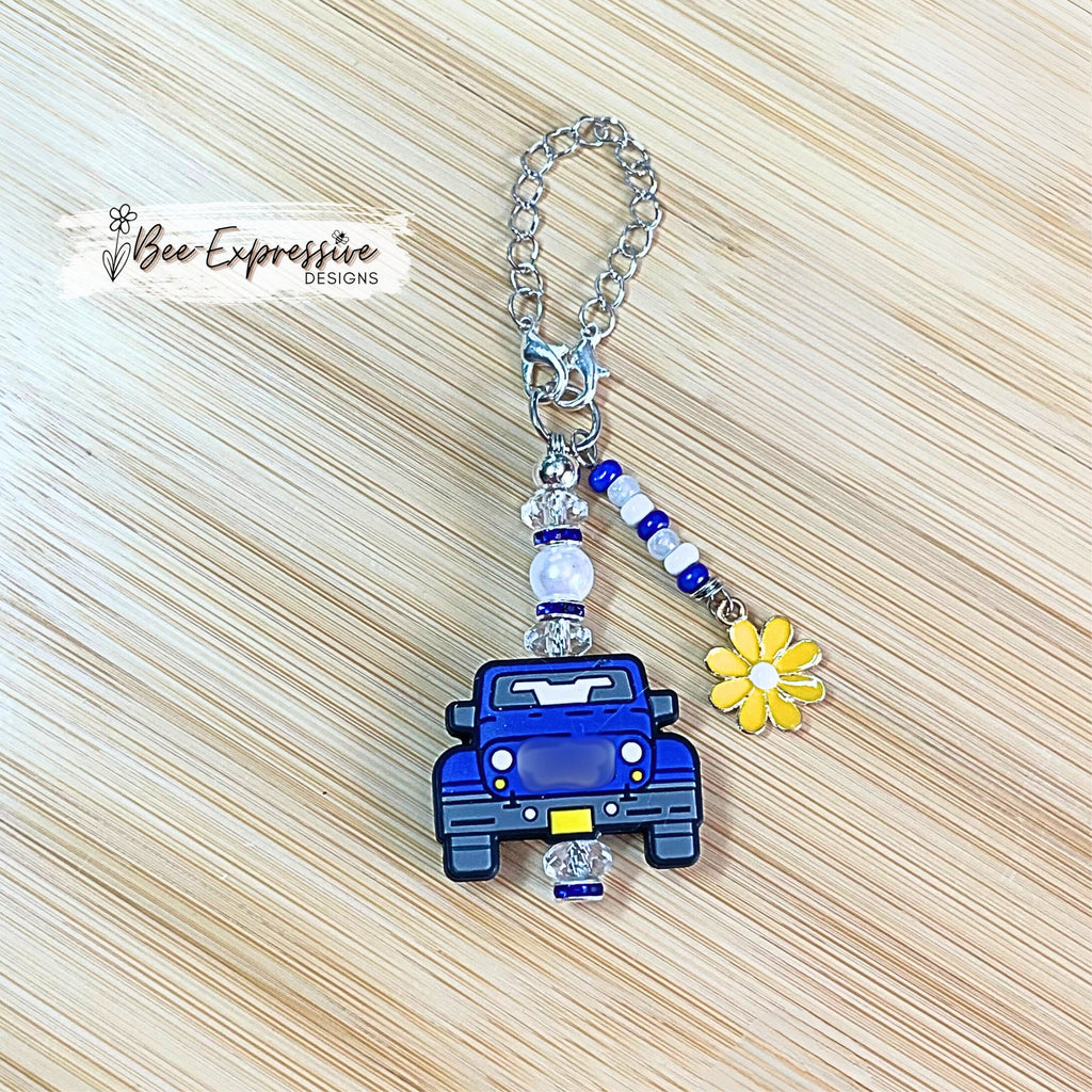 Handmade, blue 4x4 vehicle charm chain for a tumbler! Acrylic beads, lobster claw clasps, rhinestones, beaded tassel, yellow metal charm!