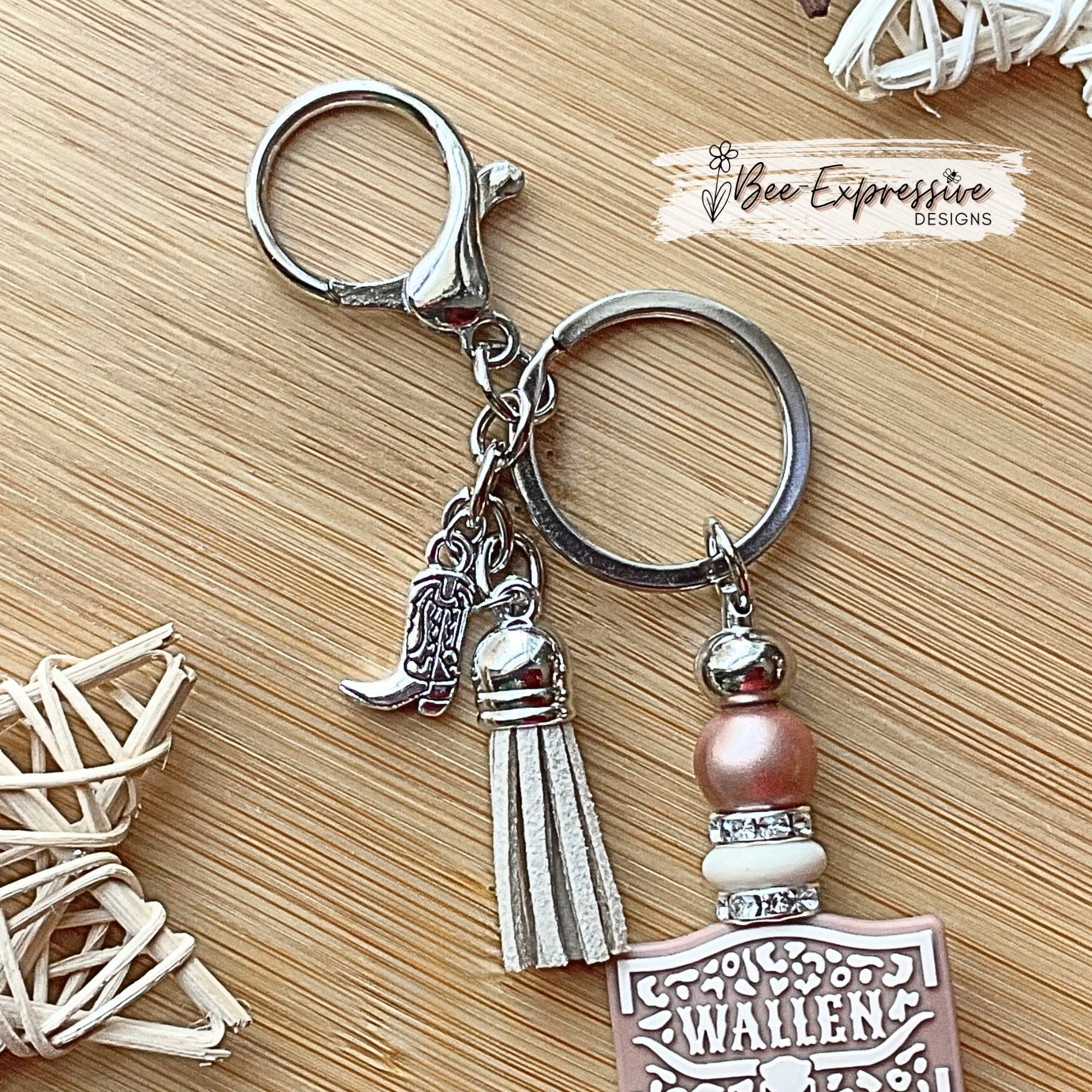 Beaded WALLEN keychain! Lobster or swivel clasp, shiny silicone beads, rhinestone spacers, a metal boot charm, and a suede tassel!