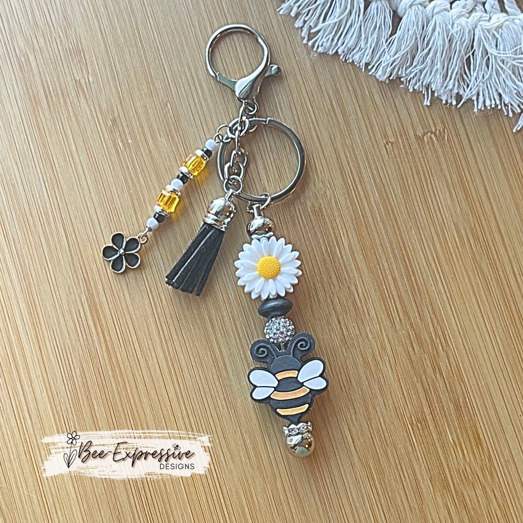 Handmade Silicone Daisy Flower & Bumble Bee Keychain: Beaded Tassel