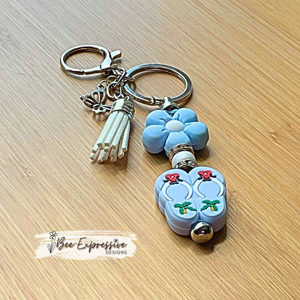 Beaded, SUMMER silicone flip flops keychain! Lobster or swivel clasp, silicone daisy flower, rhinestone spacers, and a butterfly charm!