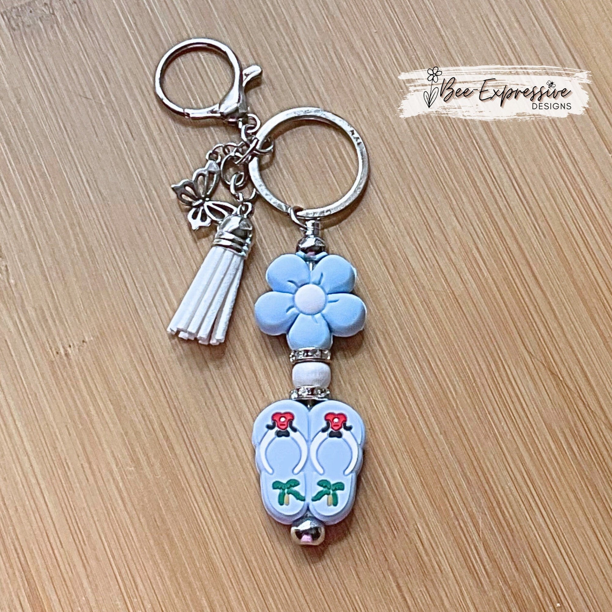 Beaded, SUMMER silicone flip flops keychain! Lobster or swivel clasp, silicone daisy flower, rhinestone spacers, and a butterfly charm!
