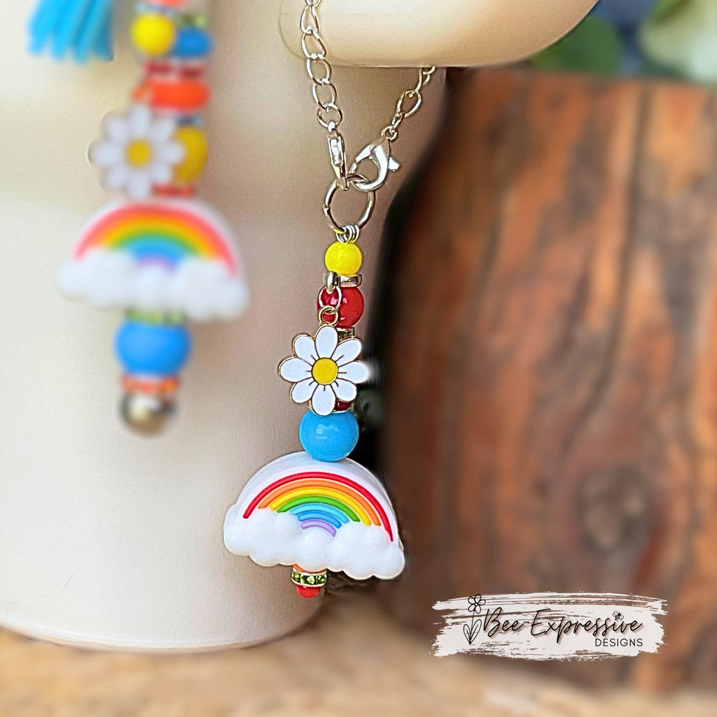Handmade, unique, set of a rainbow keychain & tumbler charm! Lobster or swivel clasp, silicone and acrylic beads, rhinestones, daisy charm!