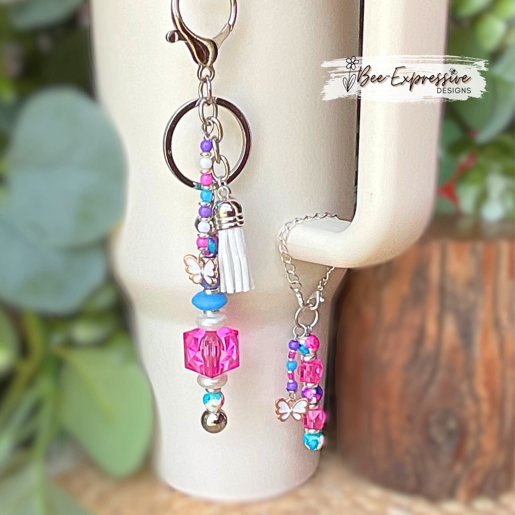 Matching set! Keychain & tumbler charm! Lobster or swivel clasp, silicone and acrylic beads, chunky octagon, beaded tassel, butterfly charm!