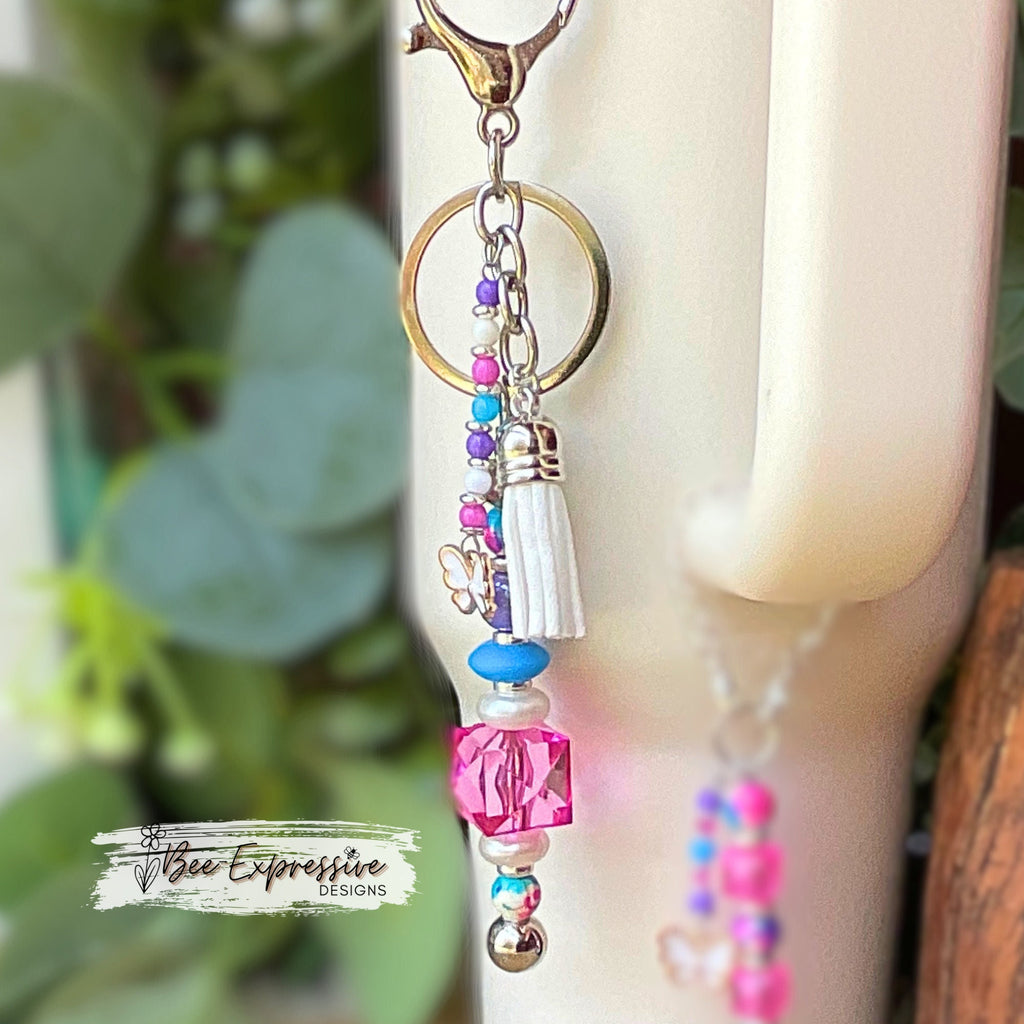 Matching set! Keychain & tumbler charm! Lobster or swivel clasp, silicone and acrylic beads, chunky octagon, beaded tassel, butterfly charm!