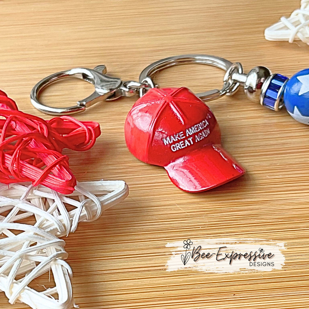 Handmade, TRUMP keychain! Metal hat ball cap, wood beads w/stars, lobster claw clasp, Make America Great Again, red white blue USA!