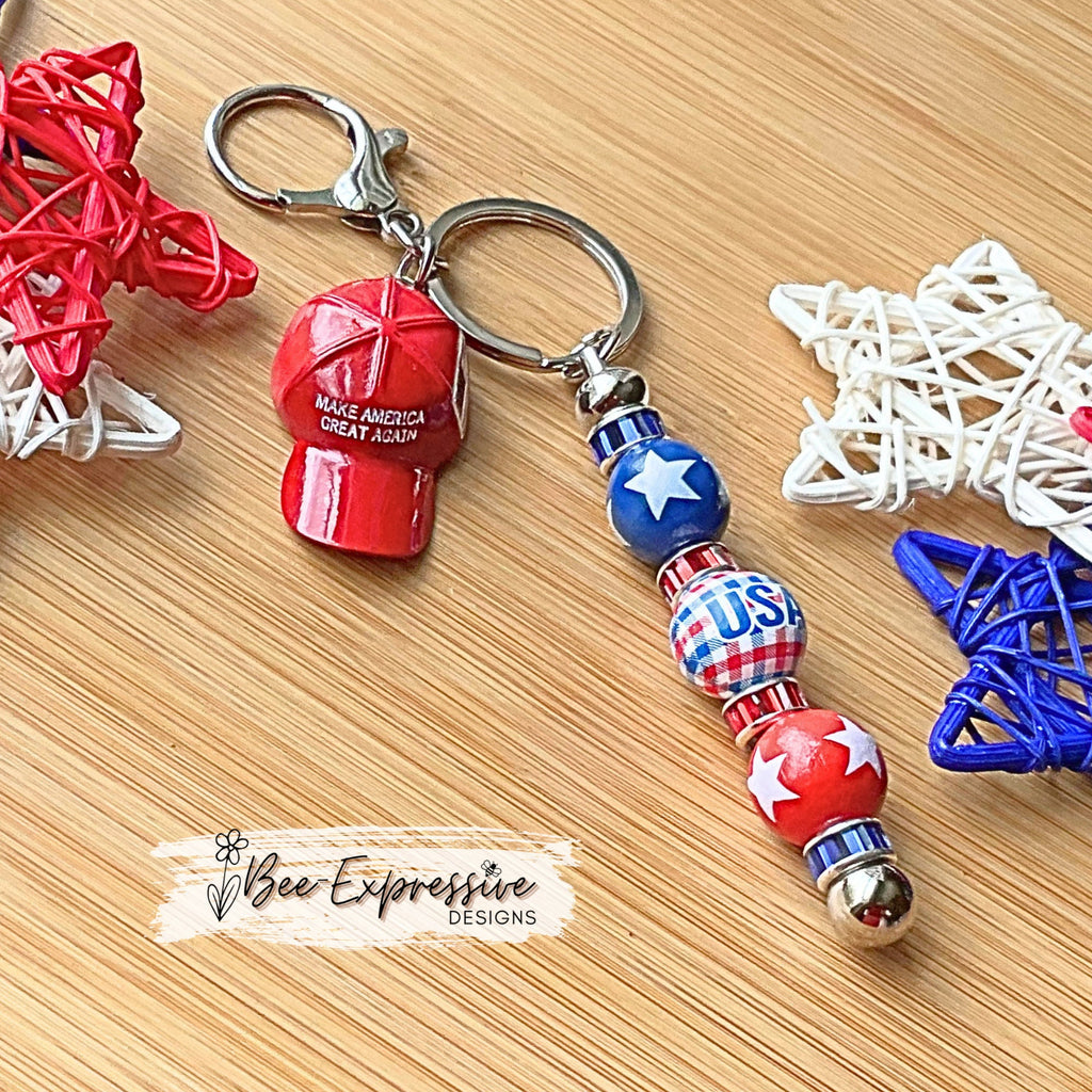 Handmade, TRUMP keychain! Metal hat ball cap, wood beads w/stars, lobster claw clasp, Make America Great Again, red white blue USA!
