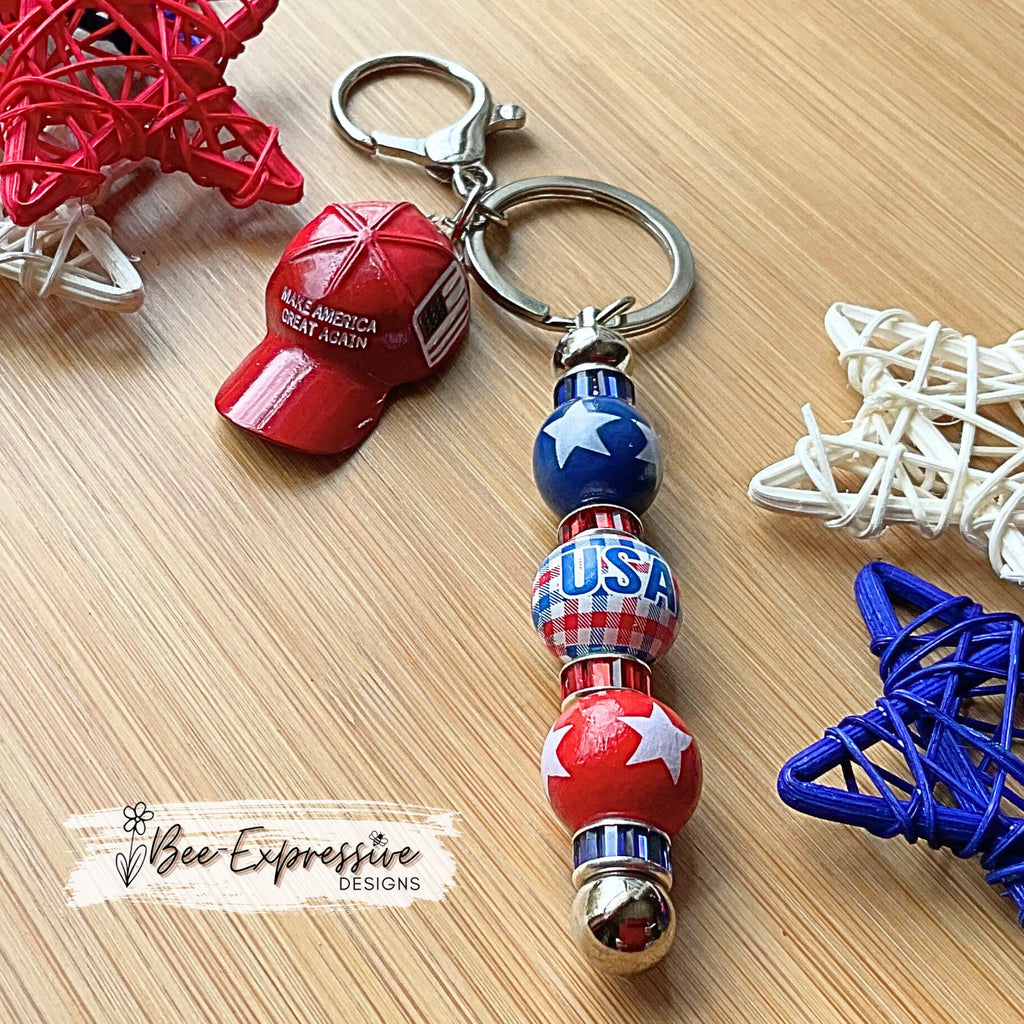 Handmade, TRUMP keychain! Metal hat ball cap, wood beads w/stars, lobster claw clasp, Make America Great Again, red white blue USA!