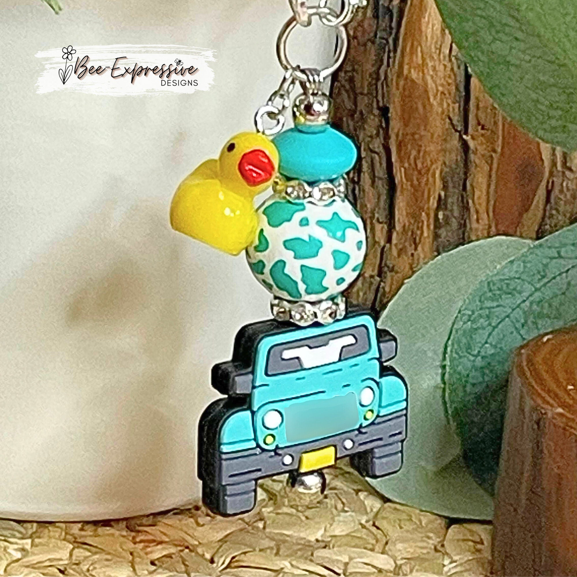 Handmade & unique, turquoise 4x4 vehicle charm chain for tumbler! Lobster claw clasp, animal print wood bead, rhinestone spacer, duck charm!