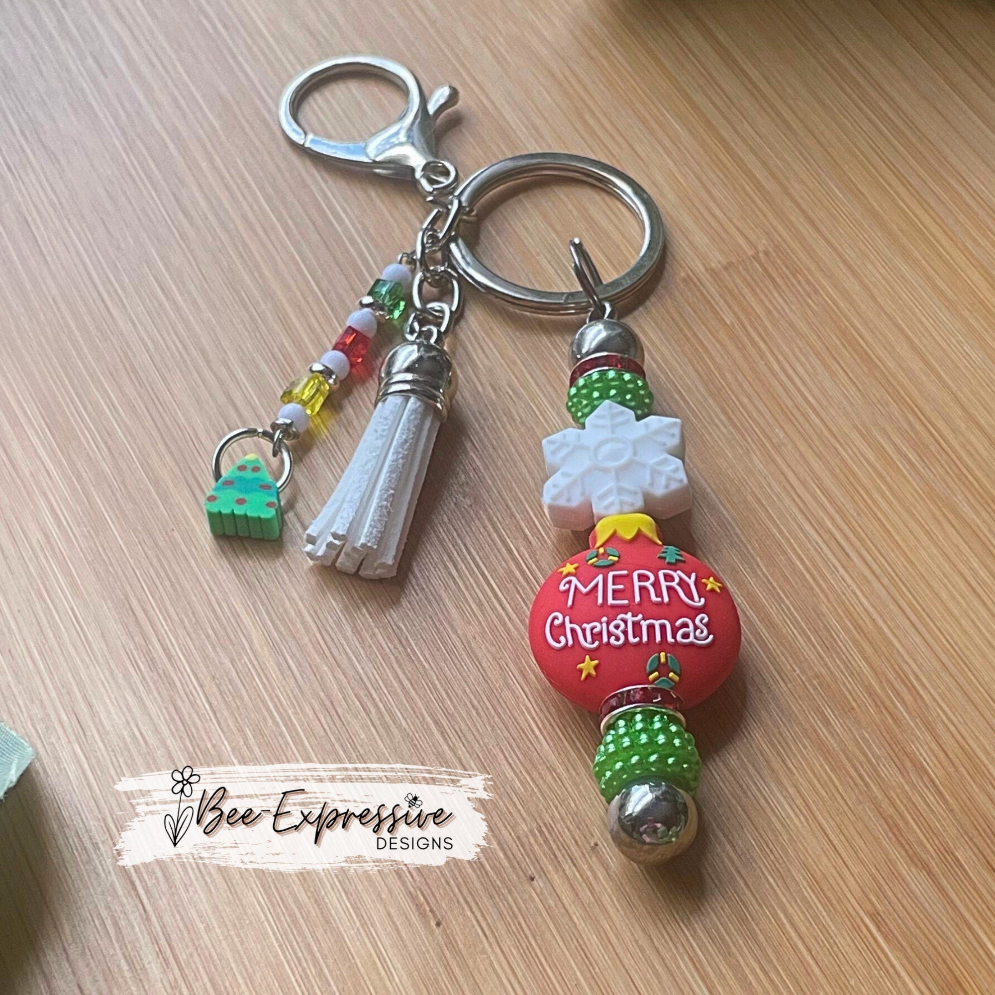 Adorable, handmade, Christmas keychain! Lobster or swivel clasp, metal bar, silicone snowflake & ornament bead, beaded tassel, tree charm