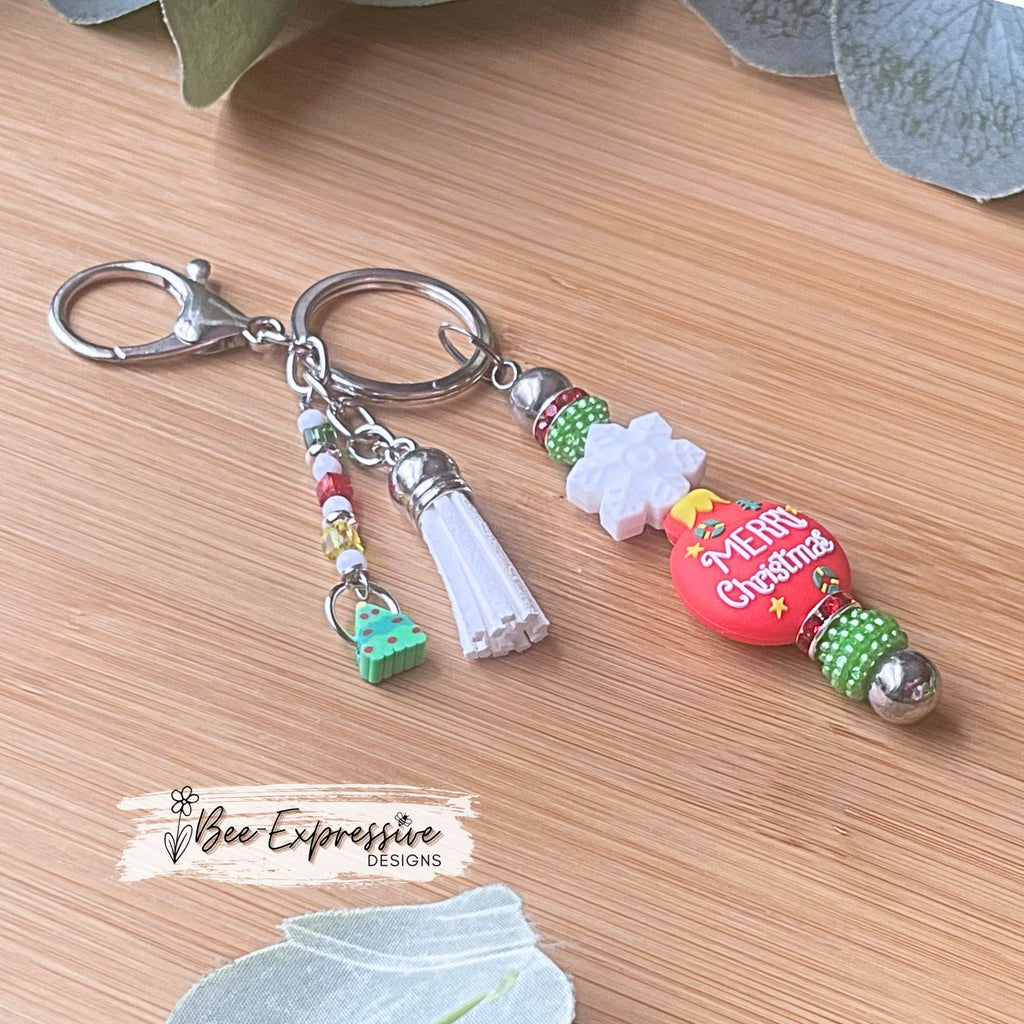 Adorable, handmade, Christmas keychain! Lobster or swivel clasp, metal bar, silicone snowflake & ornament bead, beaded tassel, tree charm
