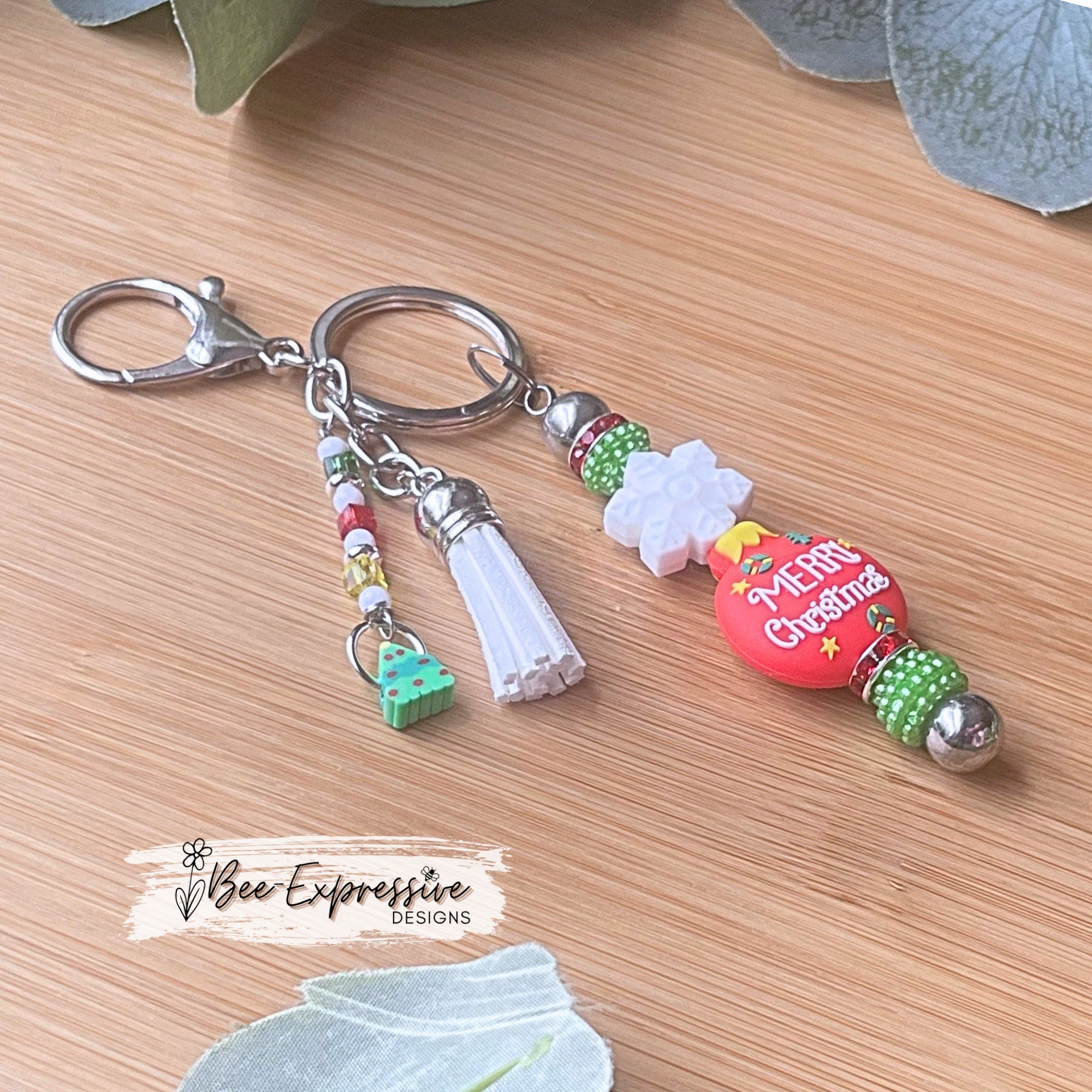 Adorable, handmade, Christmas keychain! Lobster or swivel clasp, metal bar, silicone snowflake & ornament bead, beaded tassel, tree charm