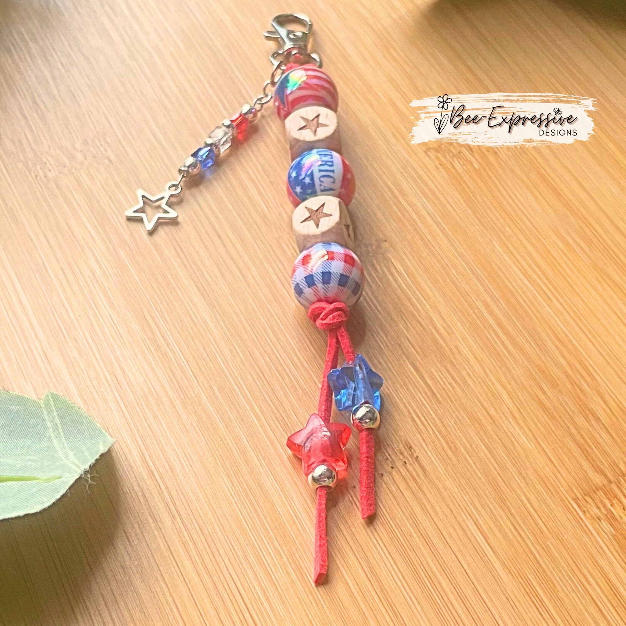 Handmade, unique, USA America keychain! Swivel or lobster clasp, suede cord, iridescent beads, stars, wood squares, beaded tassel star charm