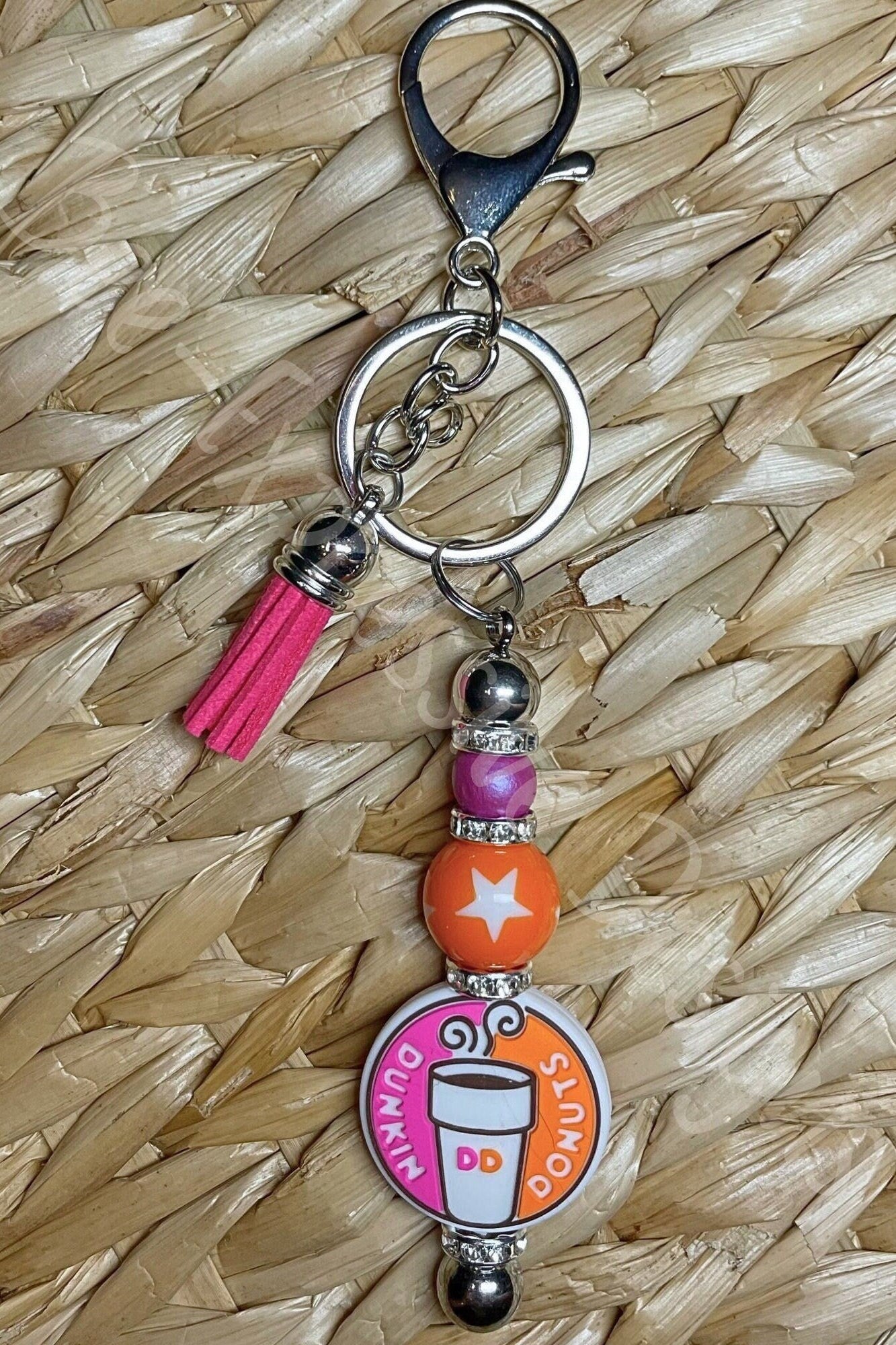 DD Donut inspired keychain! Handmade, lobster or swivel clasp, rhinestone spacers, orange acrylic star bead, a wood bead, suede tassel!