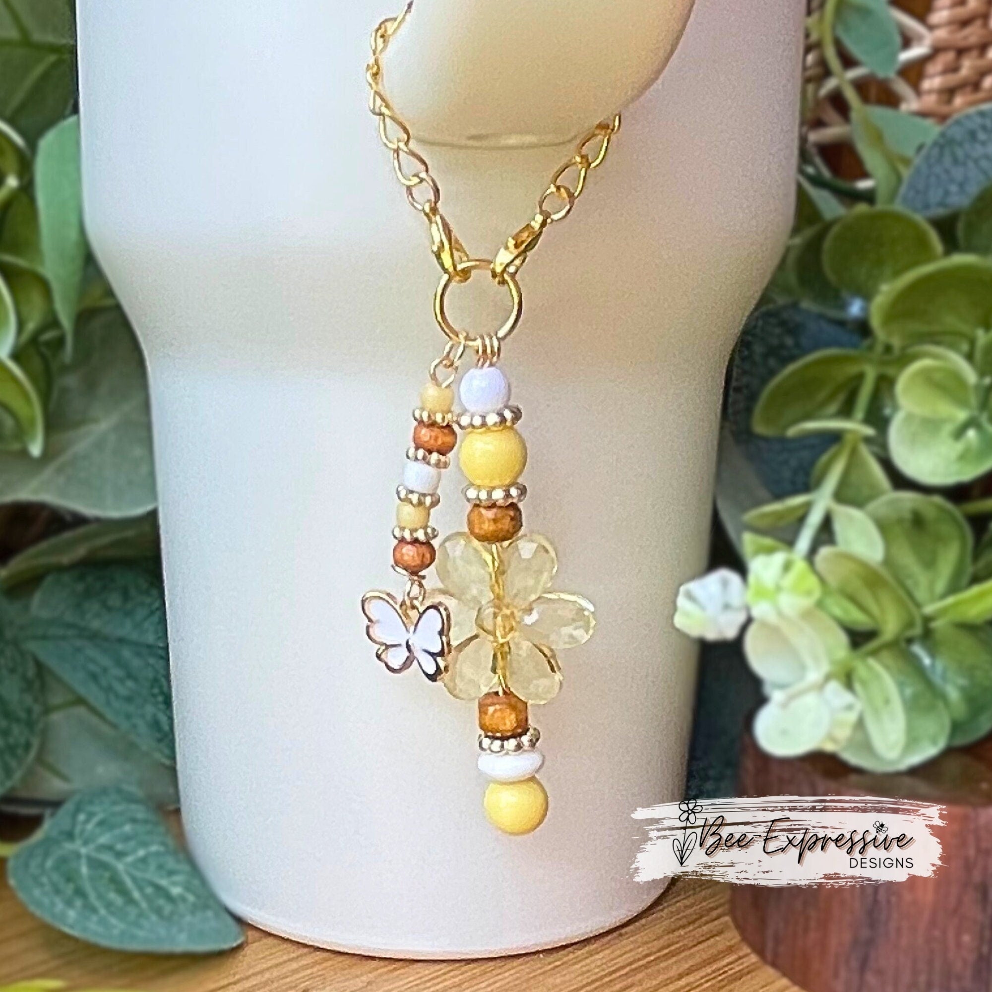 Beaded Daisy Tumbler Chain: Butterfly Charm, Acrylic Tassel