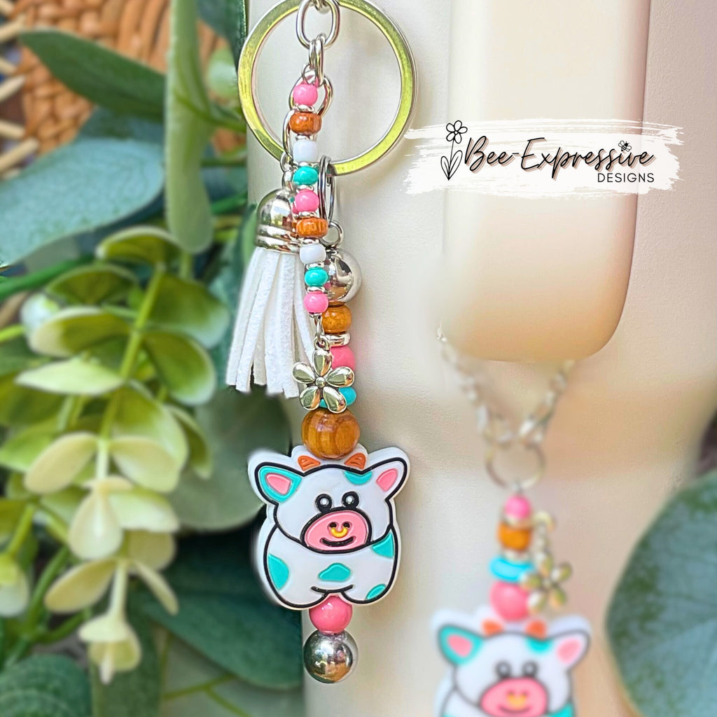Matching set! A cow keychain & tumbler charm chain! Choose lobster or swivel clasp, acrylic, wood beads, beaded tassel, daisy flower charms!