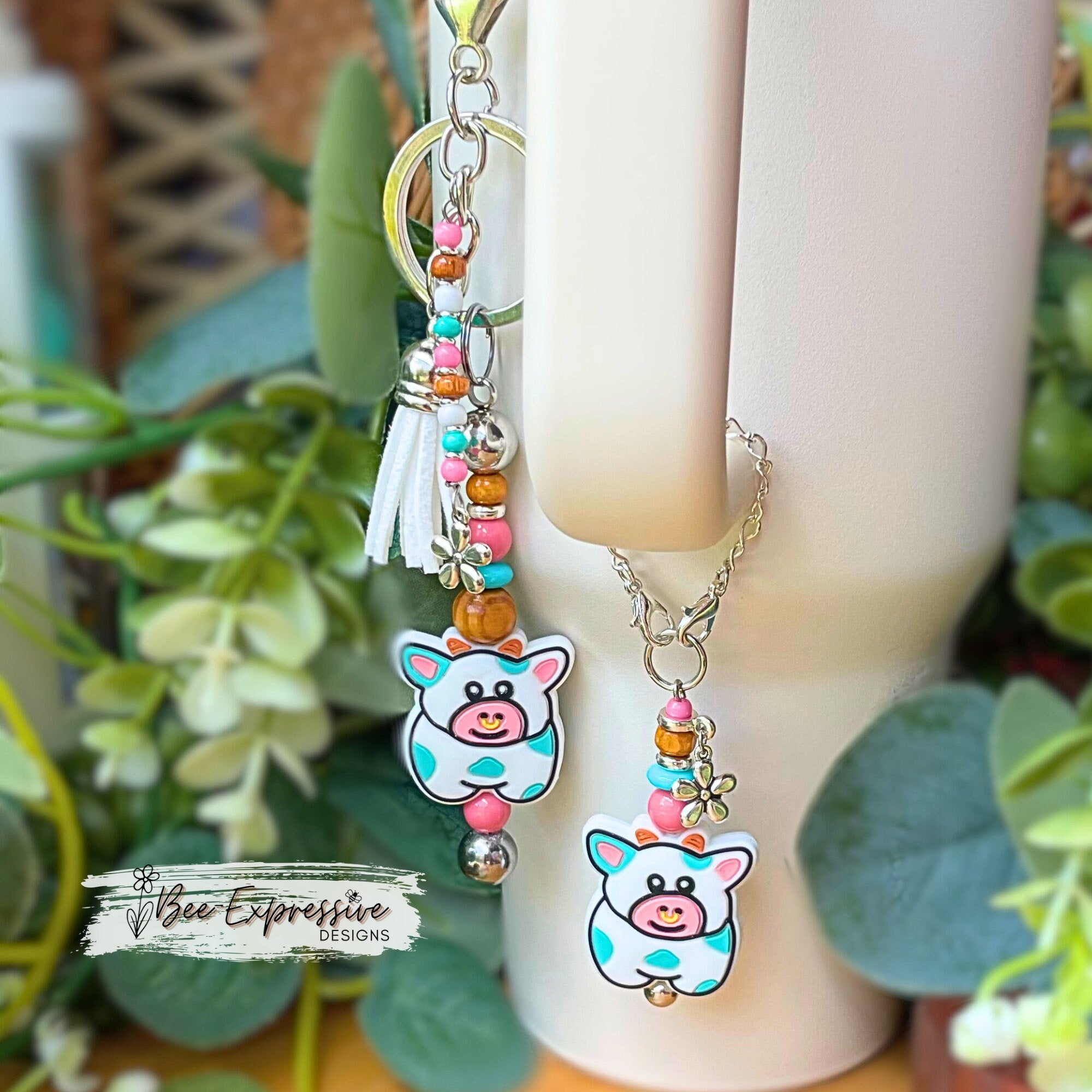Cow Keychain & Tumbler Charm Set: Beaded Tassel, Daisy Charms