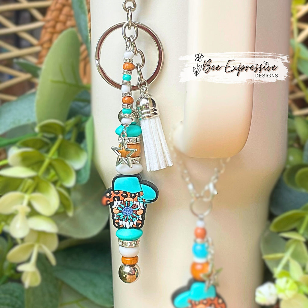 Handmade & unique, silicone western gnome keychain / tumbler charm chain, set! Choose your clasp, acrylic beads, beaded tassel, star charm!