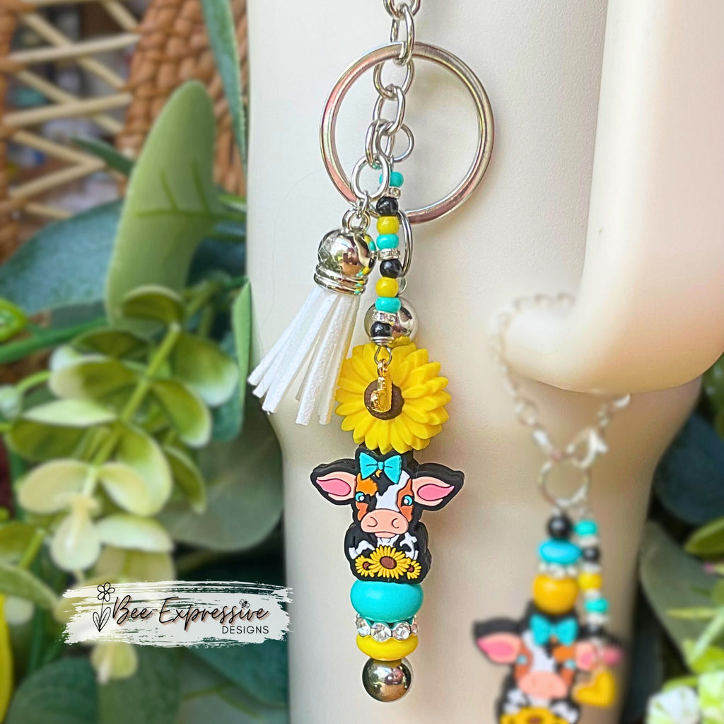 Matching set! Cow & daisy, tumbler charm chain and keychain! Choose a lobster or swivel clasp, acrylic beads, beaded tassel, heart charms!