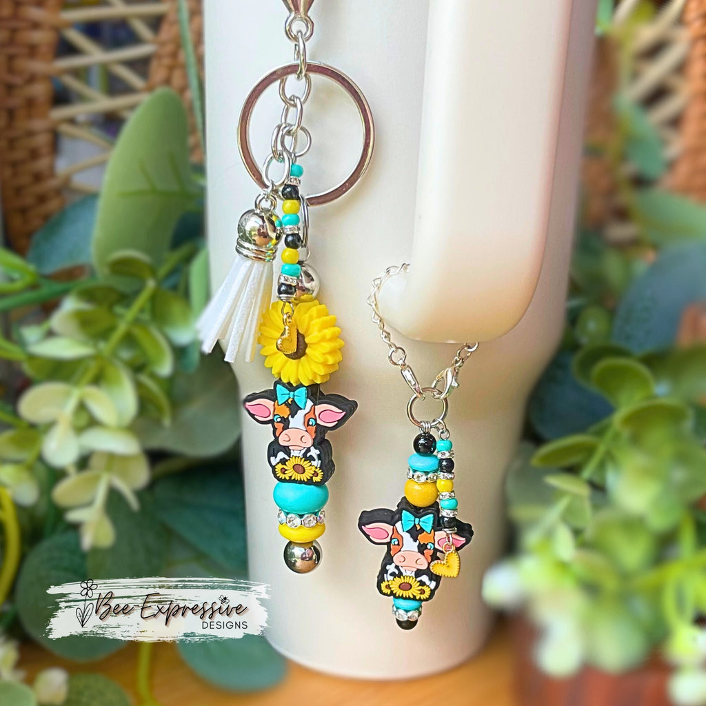 Matching set! Cow & daisy, tumbler charm chain and keychain! Choose a lobster or swivel clasp, acrylic beads, beaded tassel, heart charms!