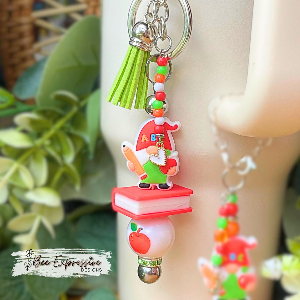 Beaded, silicone TEACHER gnome keychain or tumbler charm chains, set! Choose your clasp, chunky bead, book, beaded tassel with a heart charm