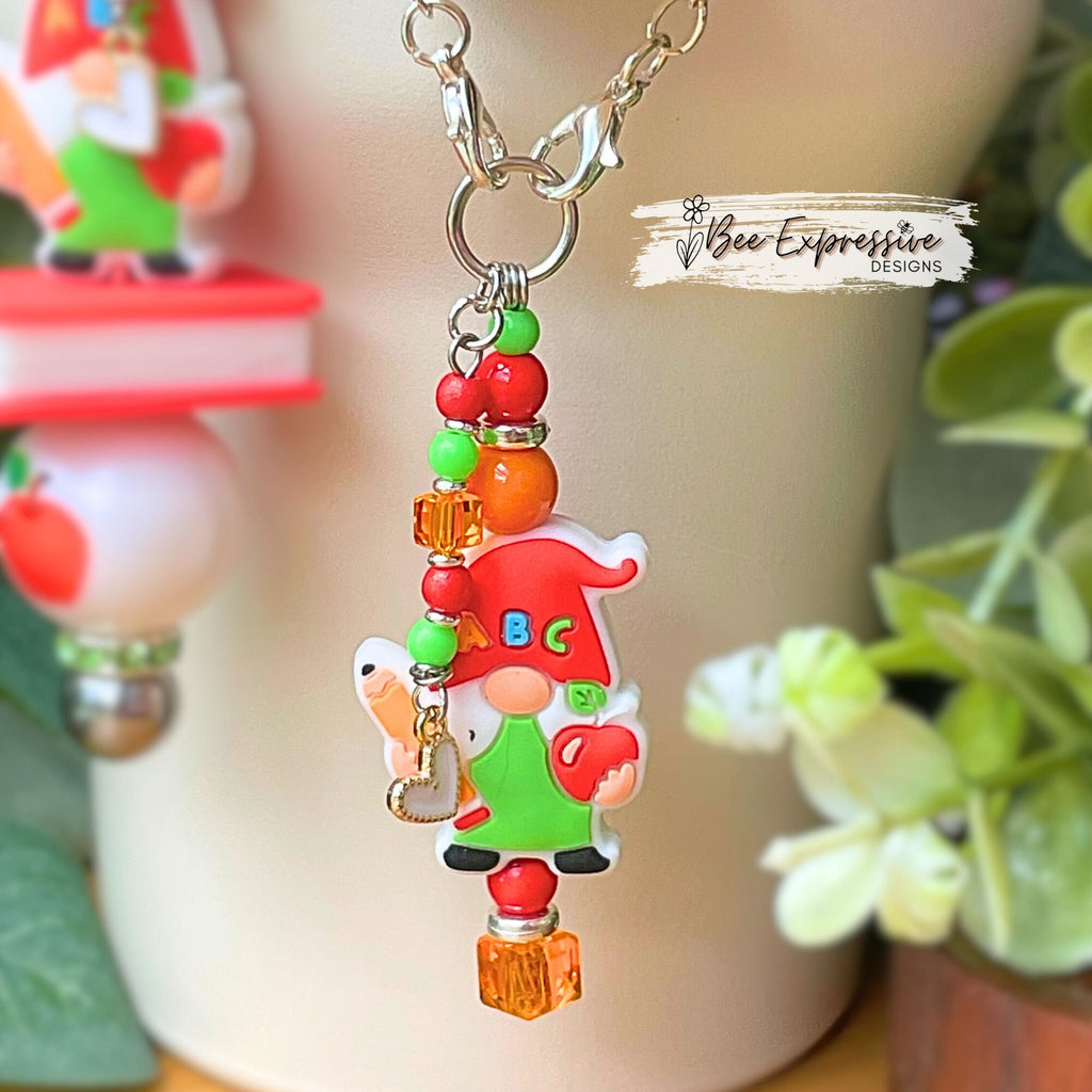 Beaded, silicone TEACHER gnome keychain or tumbler charm chains, set! Choose your clasp, chunky bead, book, beaded tassel with a heart charm