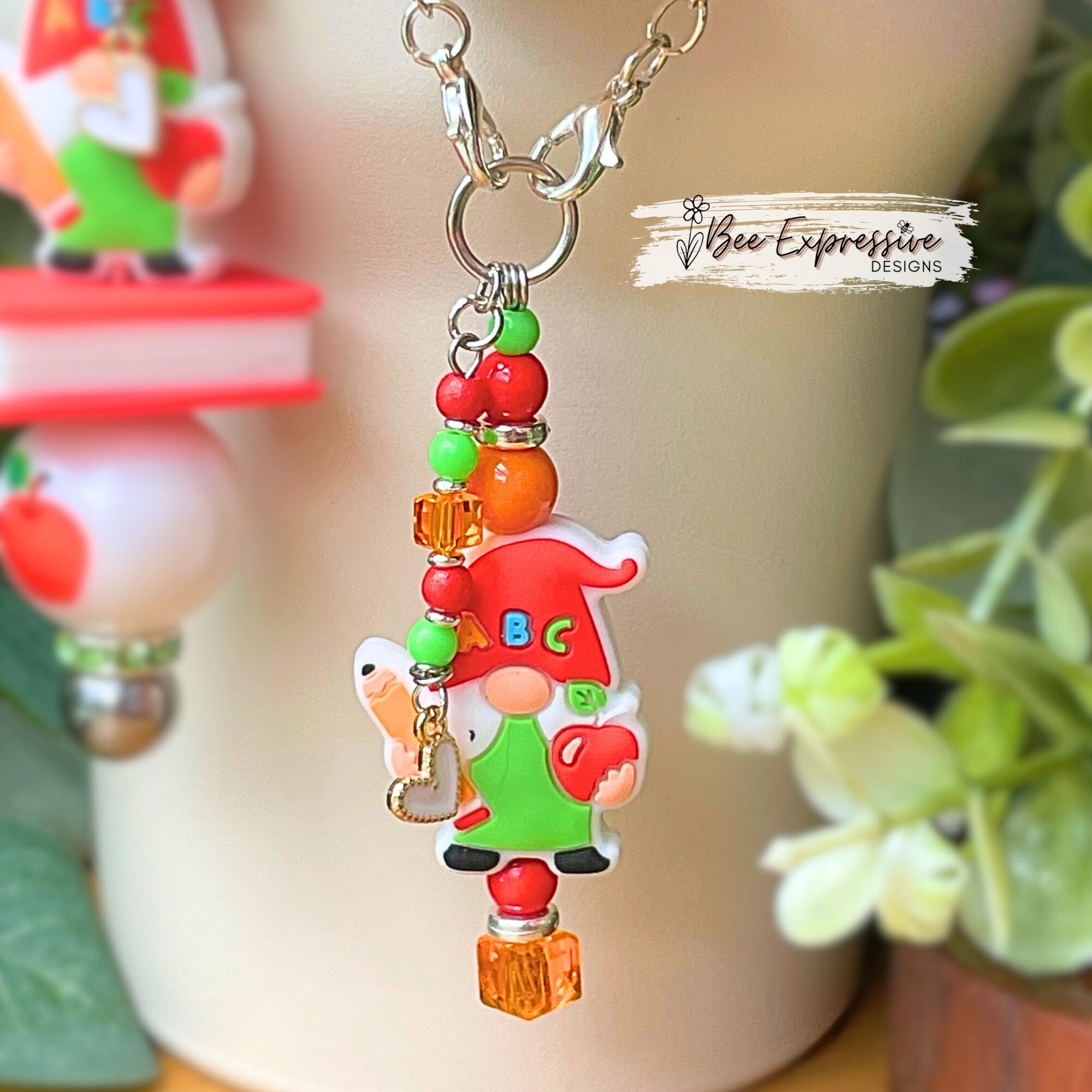 Beaded, silicone TEACHER gnome keychain or tumbler charm chains, set! Choose your clasp, chunky bead, book, beaded tassel with a heart charm