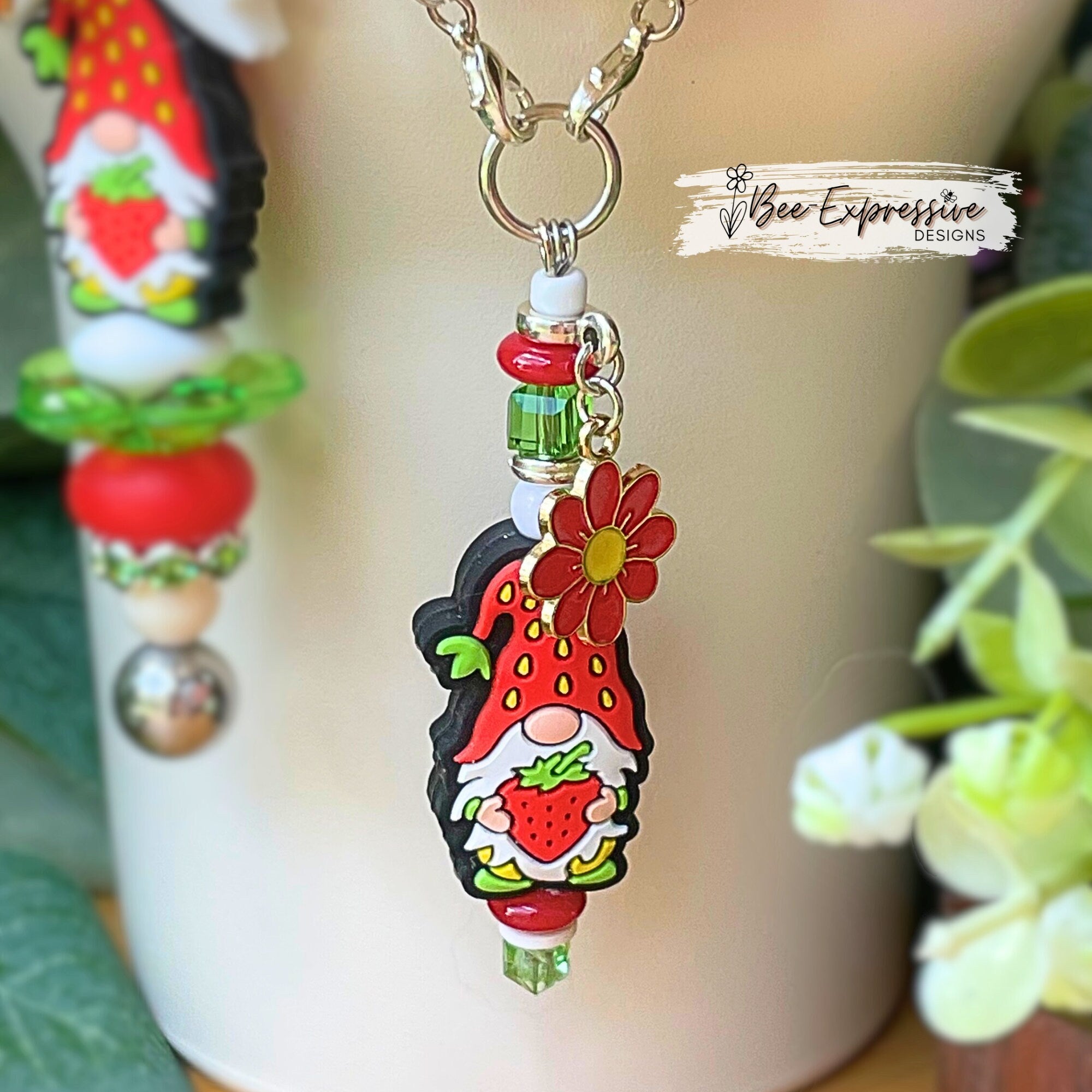 Handmade & unique, silicone strawberry gnome keychain / tumbler charm chain, set! Choose your clasp, acrylic, beaded tassel, daisy charm!
