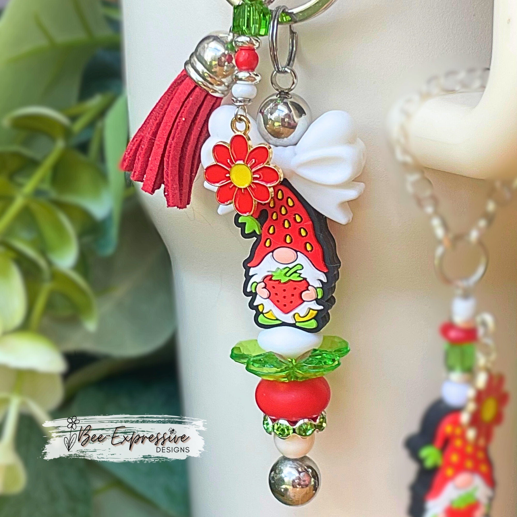 Handmade & unique, silicone strawberry gnome keychain / tumbler charm chain, set! Choose your clasp, acrylic, beaded tassel, daisy charm!