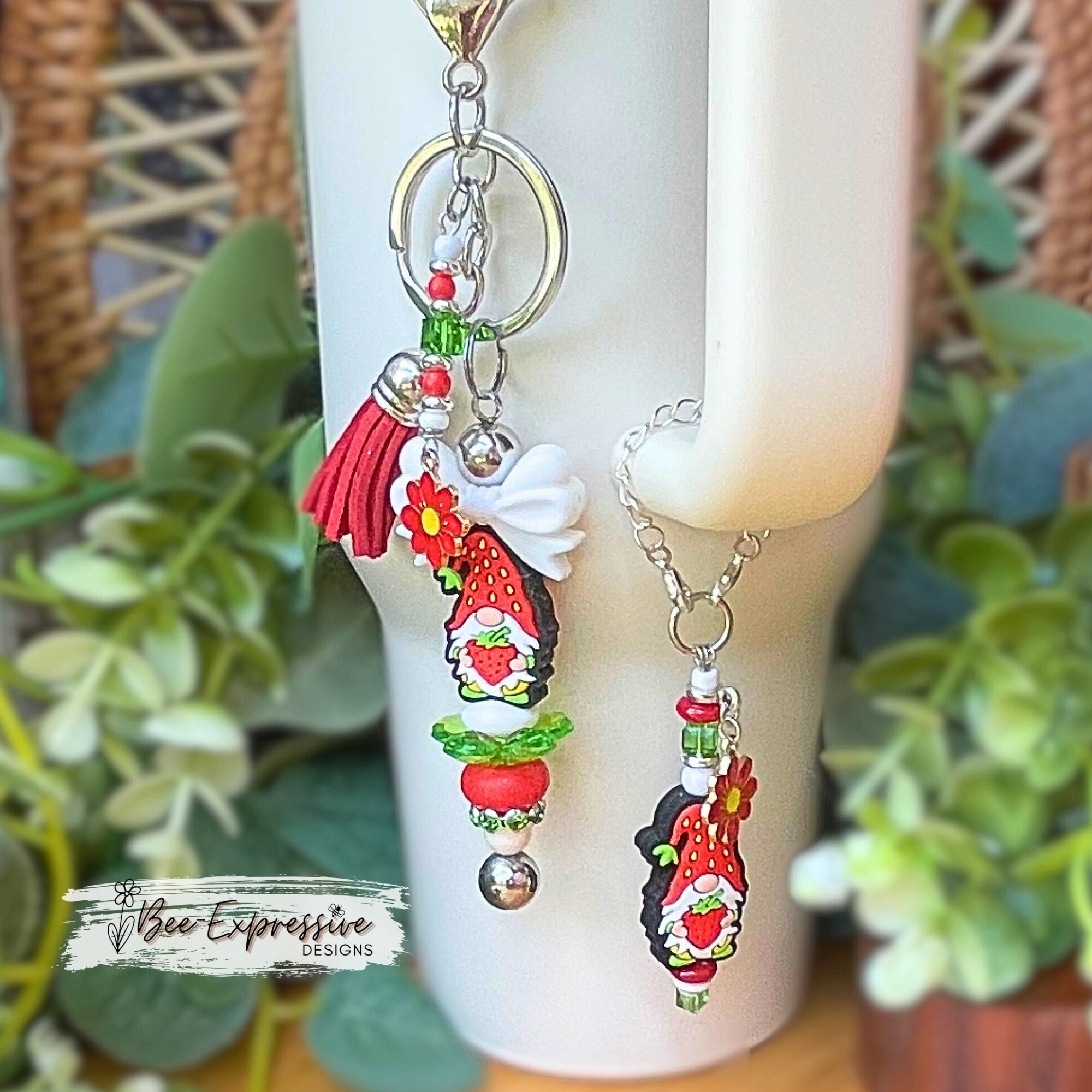 Strawberry Gnome Keychain & Tumbler Charm Set: Beaded Tassel, Daisy