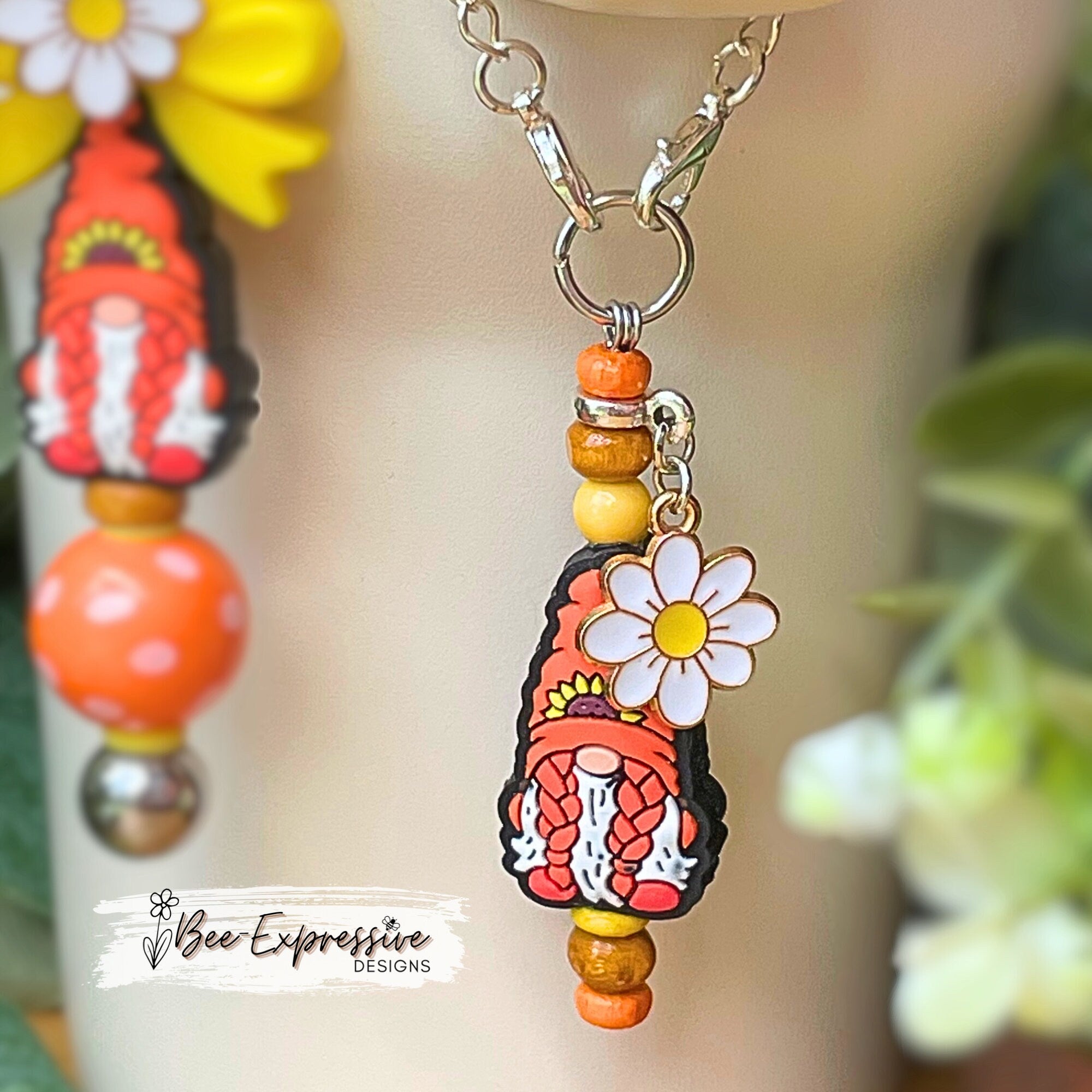 Handmade & unique, girl gnome keychain / tumbler charm chain, set! Lobster or swivel clasp, bow bead, wood beads, beaded tassel, daisy charm