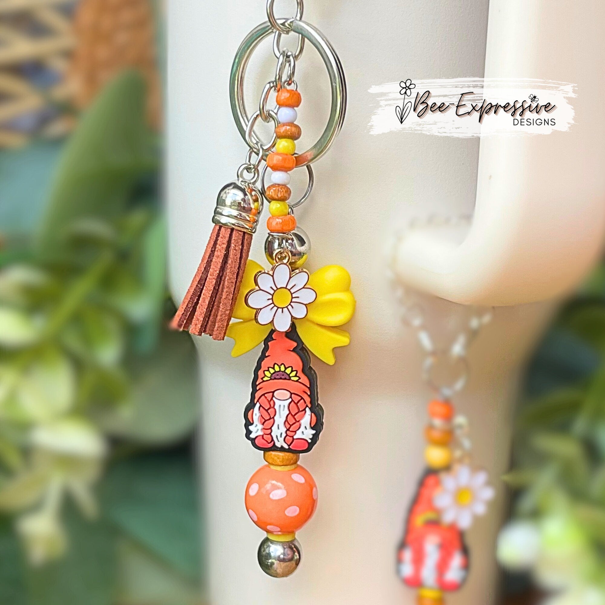 Handmade & unique, girl gnome keychain / tumbler charm chain, set! Lobster or swivel clasp, bow bead, wood beads, beaded tassel, daisy charm
