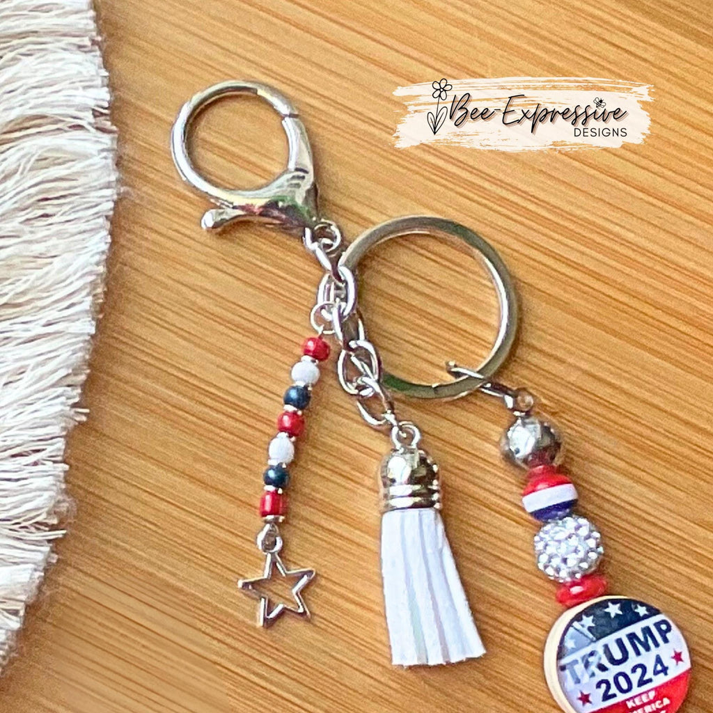 Handmade, unique, 2024 keychain! Lobster or swivel clasp, keyring, red white blue beads, rhinestones, cabochon, tassel, STAR charm!