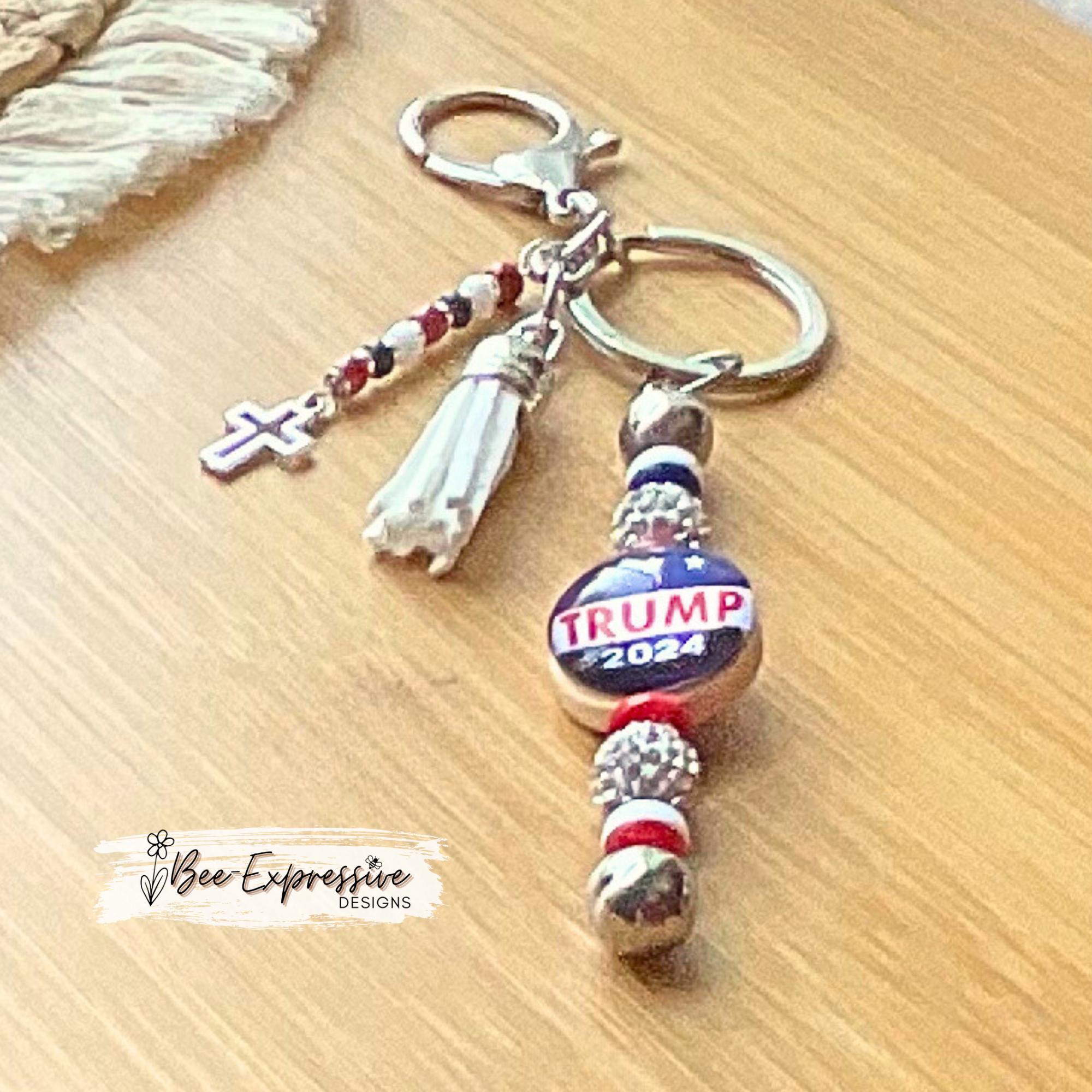 Handmade, unique, 2024 keychain! Lobster or swivel clasp, keyring, red white blue beads, rhinestones, cabochon, tassel, CROSS charm!