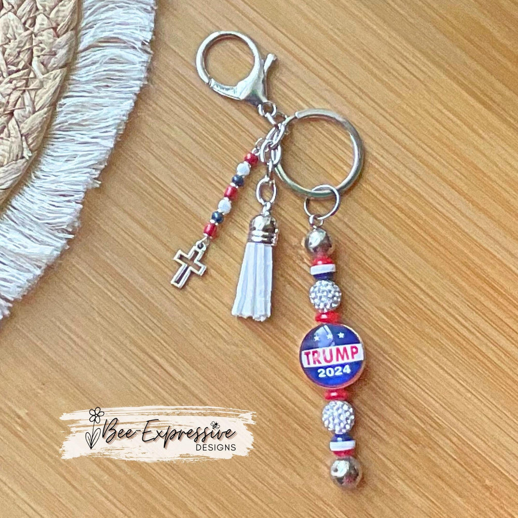 Handmade, unique, 2024 keychain! Lobster or swivel clasp, keyring, red white blue beads, rhinestones, cabochon, tassel, CROSS charm!