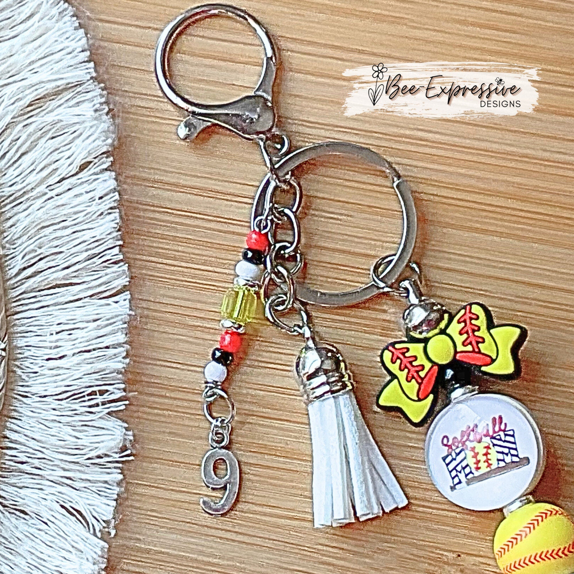 Handmade, softball mom, keychain! Lobster claw or swivel clasp, softball bow & ball, rhinestone spacer, acrylic beaded tassel with jersey #!