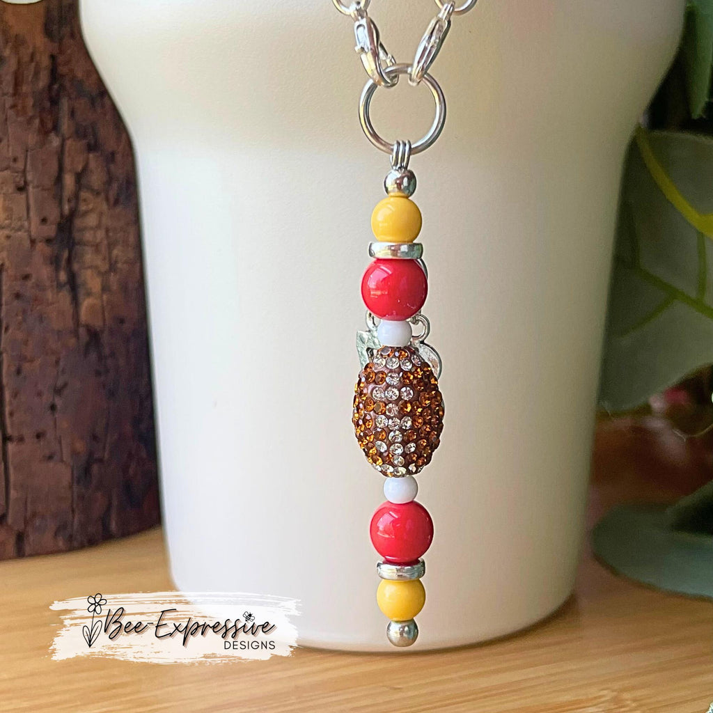 Handmade and unique, FOOTBALL beaded charm chain! Rhinestone football bead, acrylic beads, spacers! Custom jersey number! Choose team colors