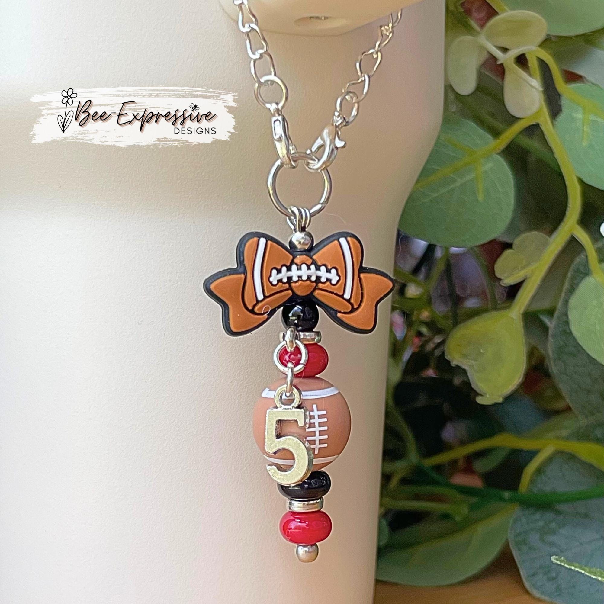 Custom, FOOTBALL tumbler beaded charm chain! Silicone football bead and bow, acrylic beads, customized jersey number & custom bead colors!