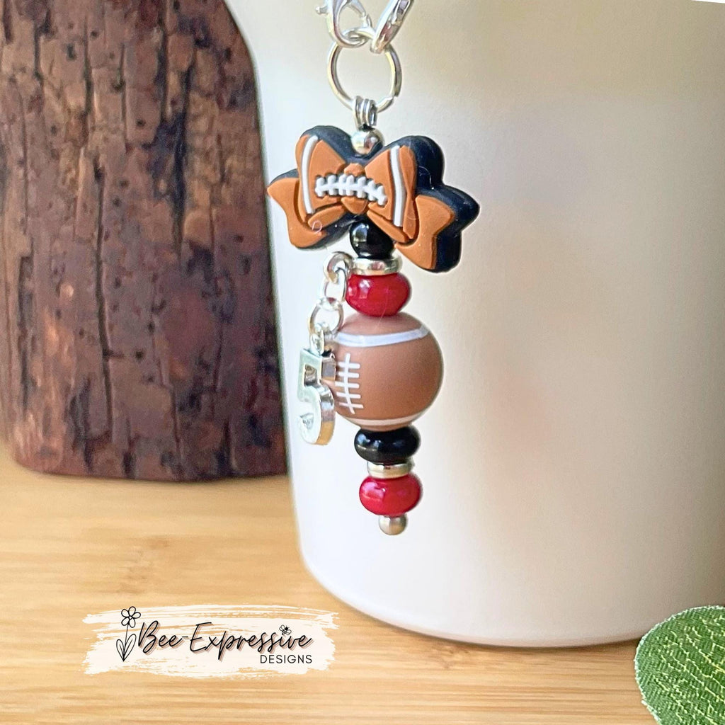 Custom, FOOTBALL tumbler beaded charm chain! Silicone football bead and bow, acrylic beads, customized jersey number & custom bead colors!