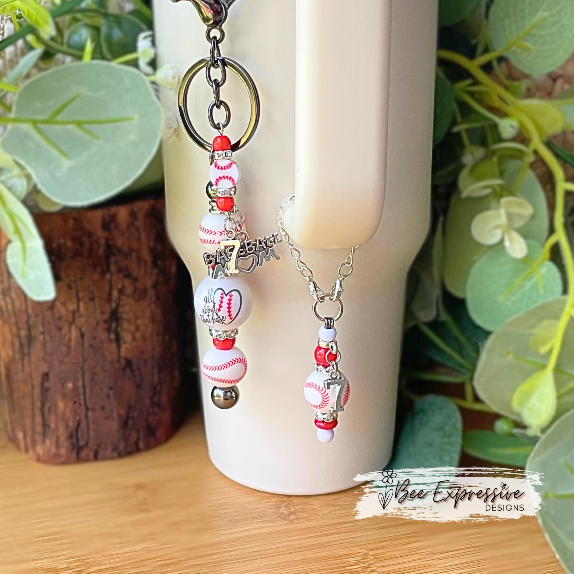 Custom, BASEBALL MOM keychain, tumbler chain, set! Lobster or swivel clasp, silicone baseball, acrylic beads, chunky, custom jersey # charm