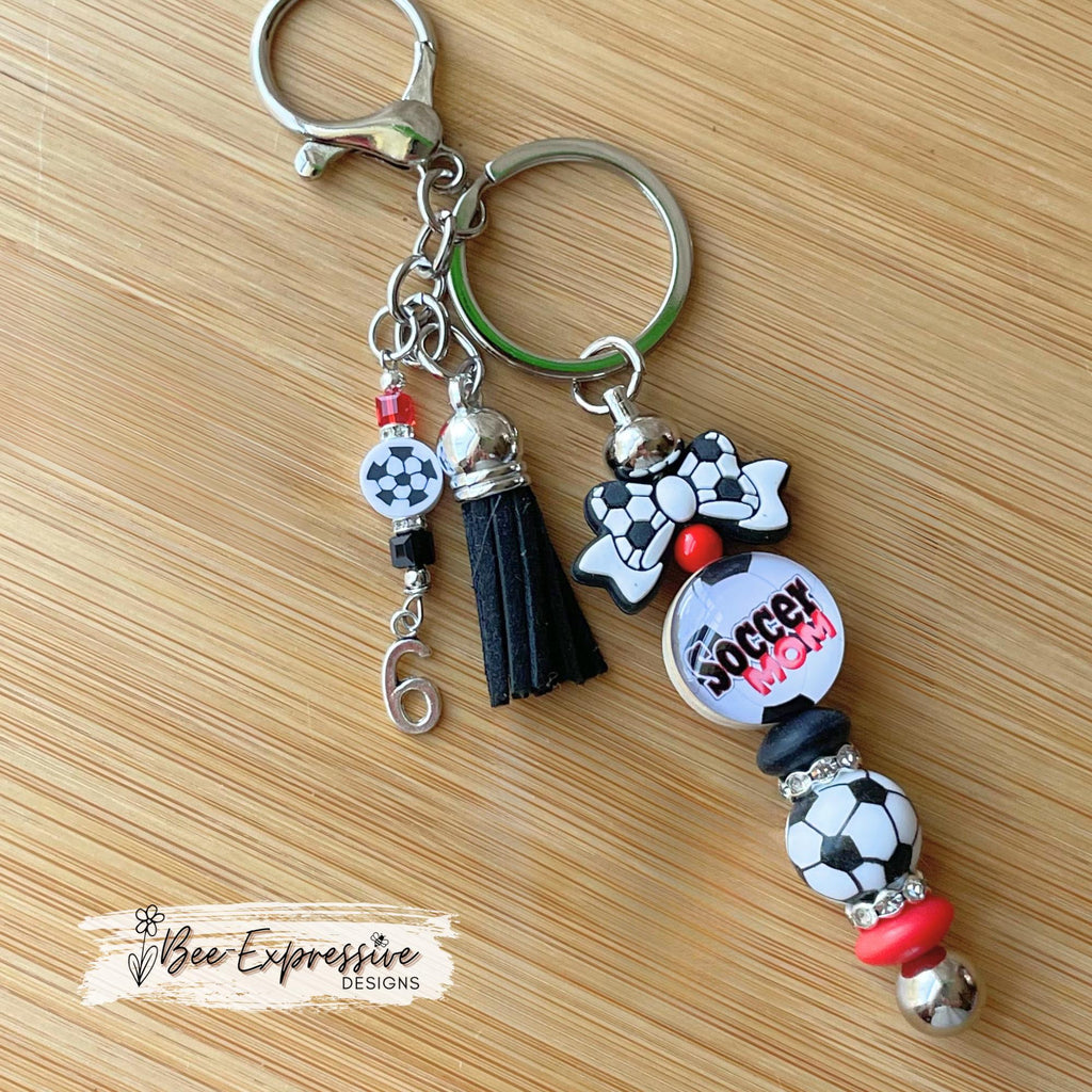 Handmade, soccer mom, keychain! Lobster claw or swivel clasp, soccer bow & ball, rhinestone spacer, acrylic beaded tassel, custom jersey #!
