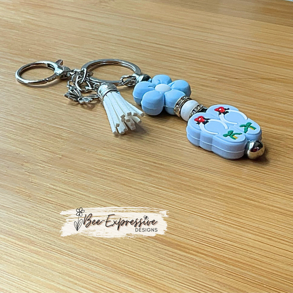 Beaded, SUMMER silicone flip flops keychain! Lobster or swivel clasp, silicone daisy flower, rhinestone spacers, and a butterfly charm!