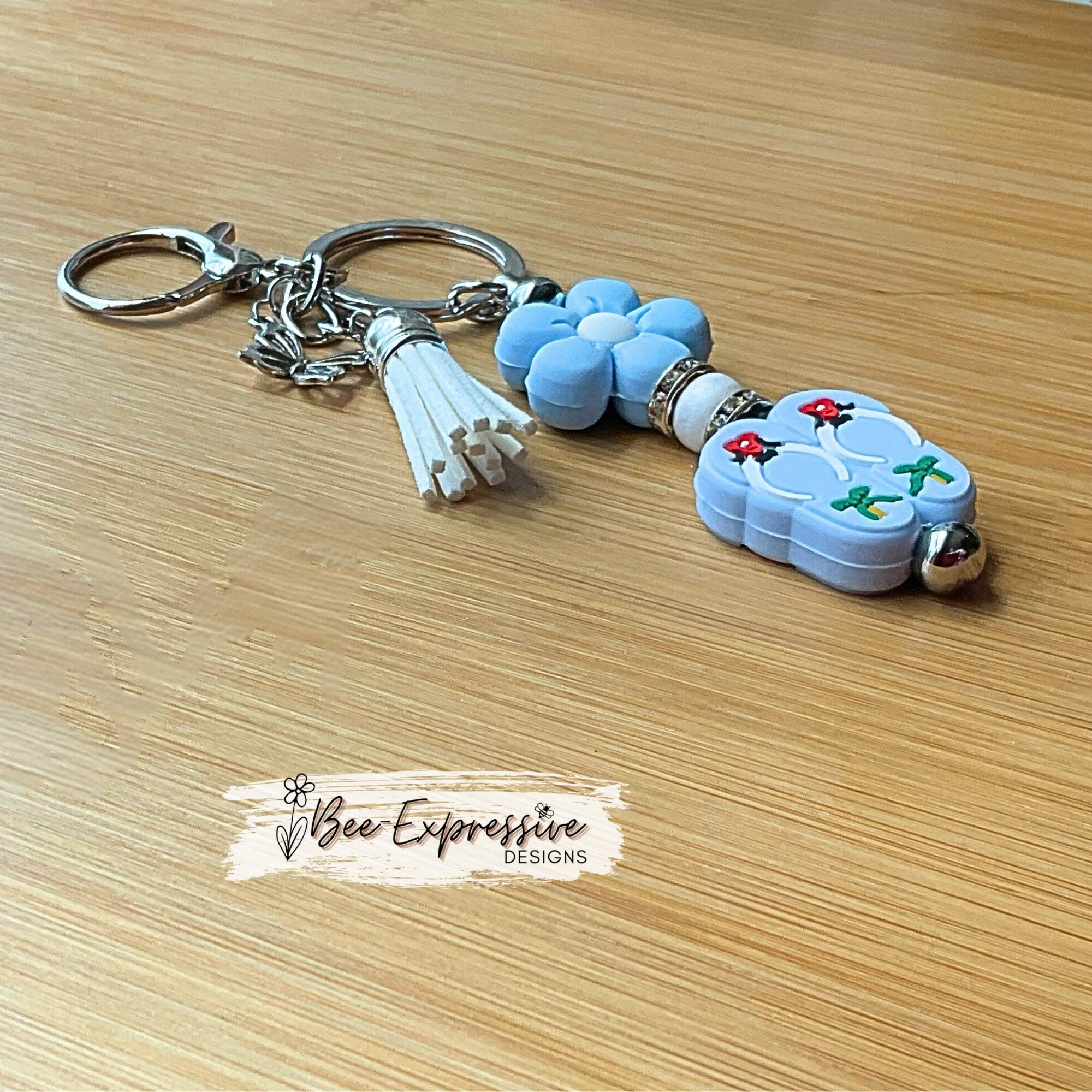 Beaded, SUMMER silicone flip flops keychain! Lobster or swivel clasp, silicone daisy flower, rhinestone spacers, and a butterfly charm!