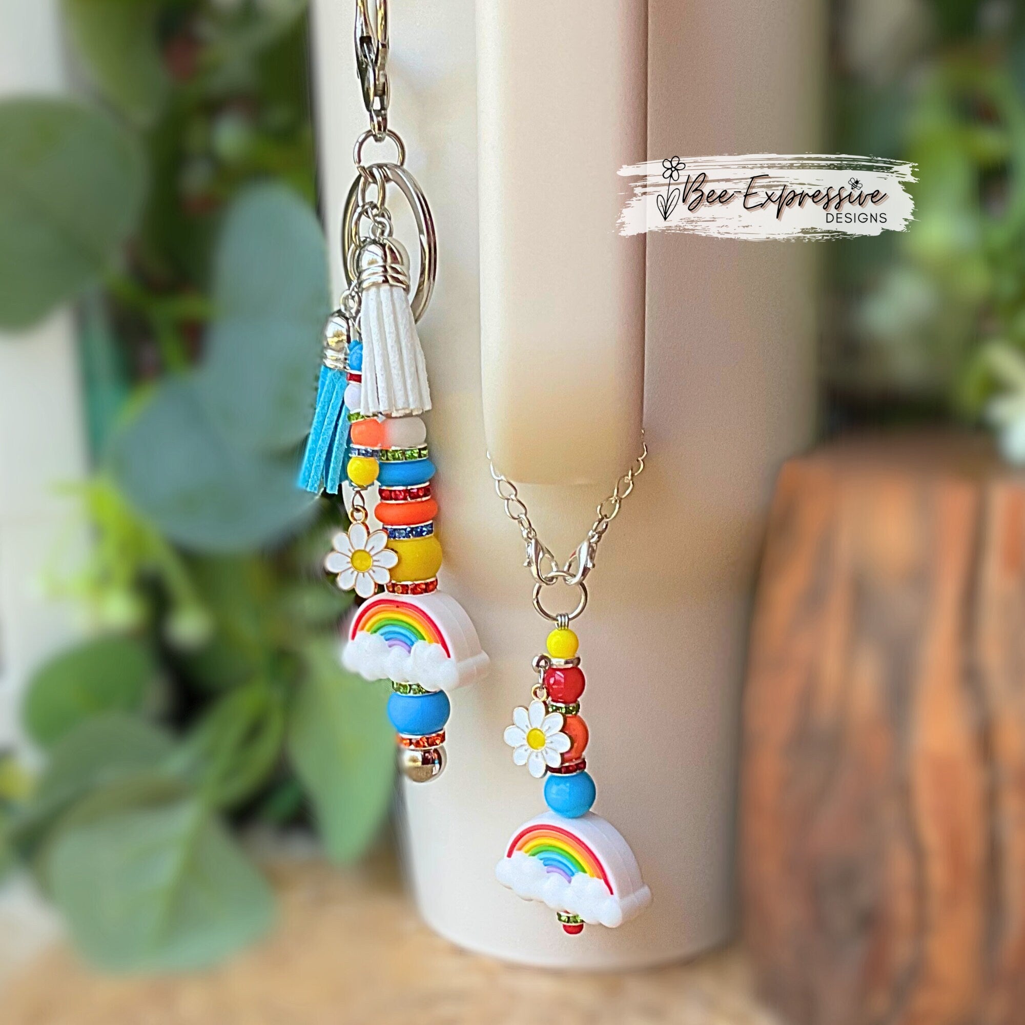 Handmade, unique, set of a rainbow keychain & tumbler charm! Lobster or swivel clasp, silicone and acrylic beads, rhinestones, daisy charm!
