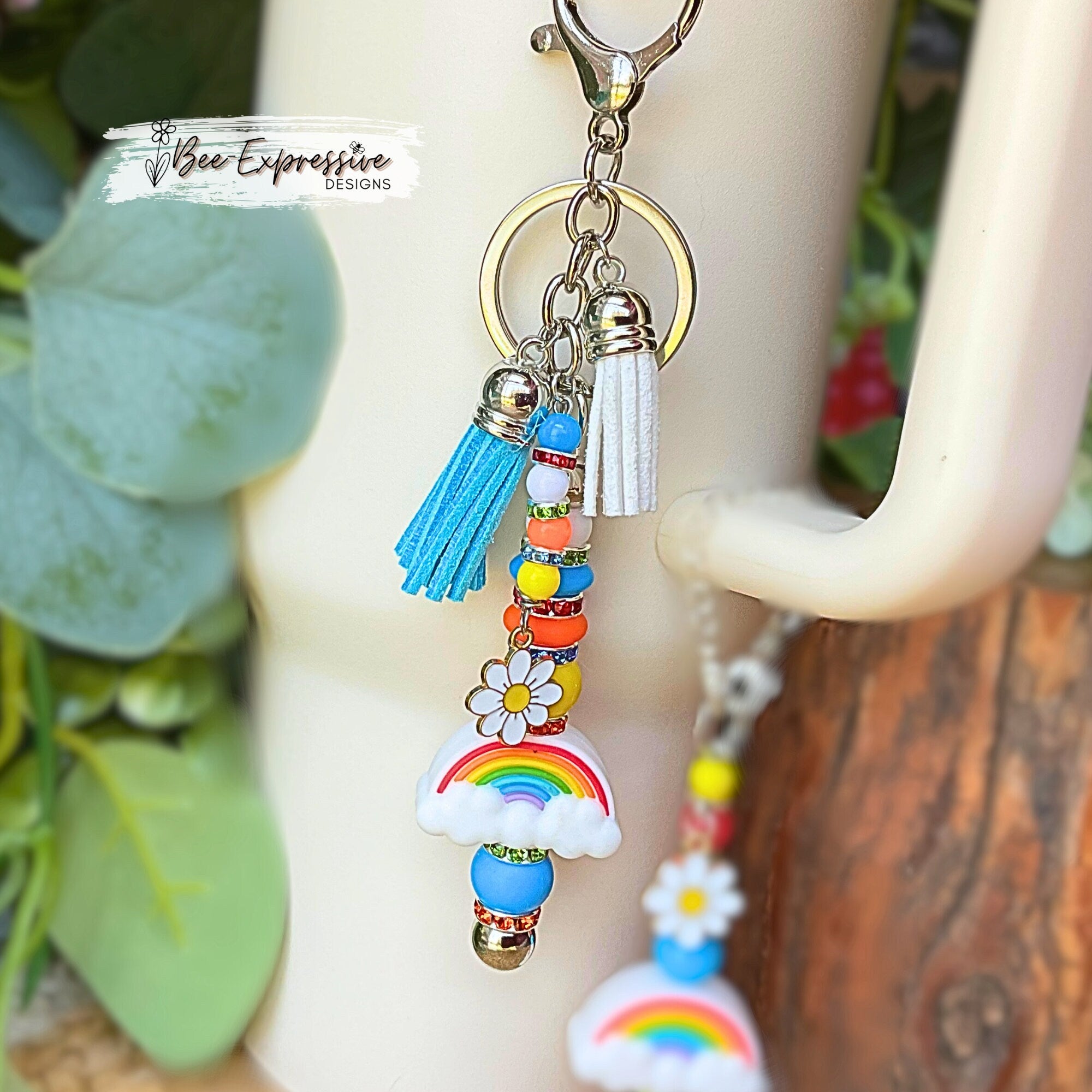 Handmade, unique, set of a rainbow keychain & tumbler charm! Lobster or swivel clasp, silicone and acrylic beads, rhinestones, daisy charm!