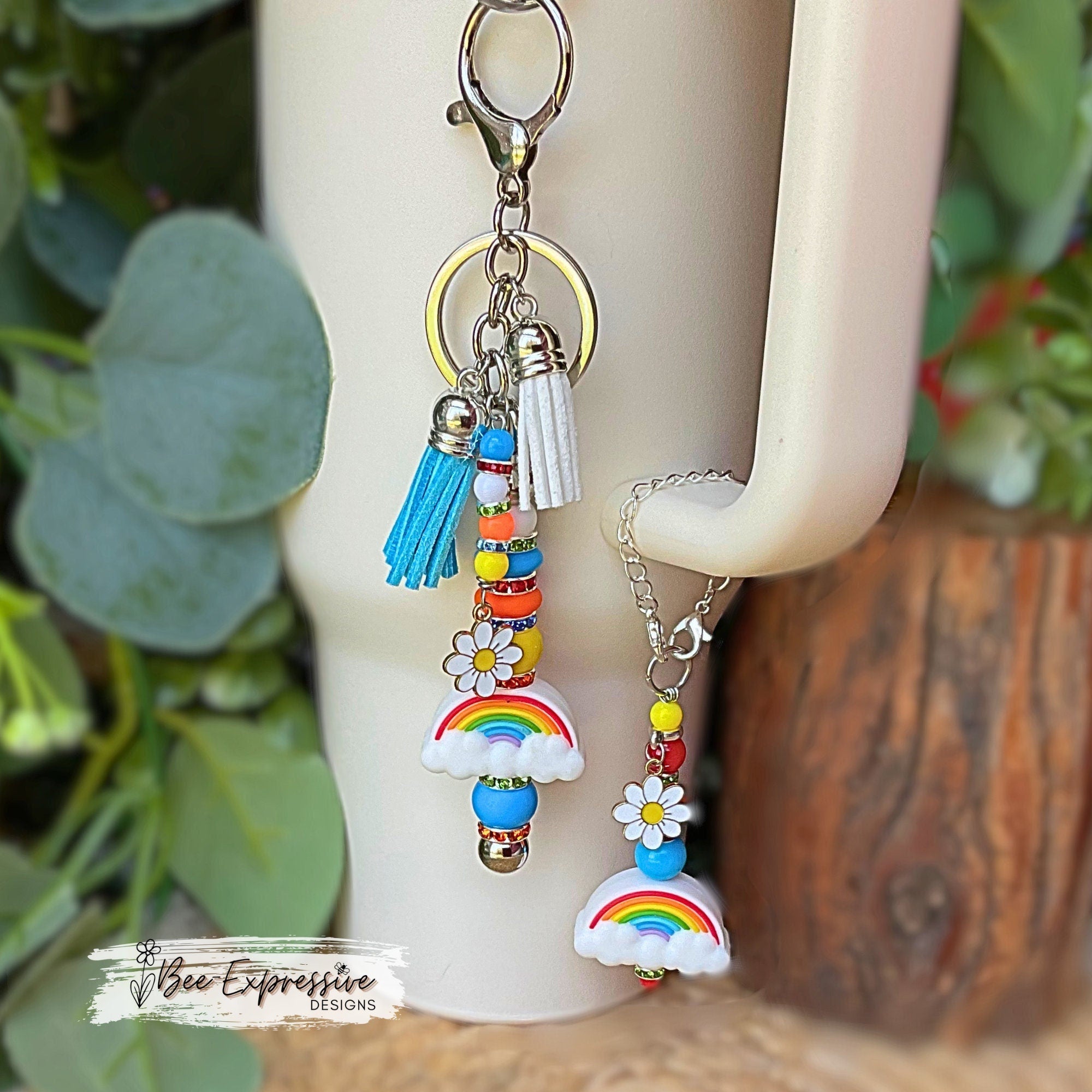 Rainbow Keychain & Tumbler Charm Set: Beaded Tassels, Daisy Charm